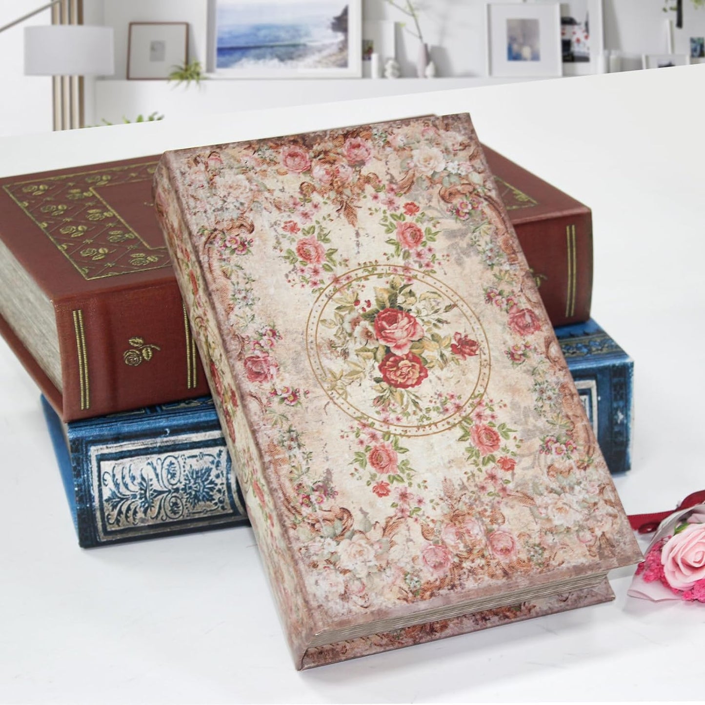 Book Box Decorative Storage Box Faux Wood / Rose Pattern
