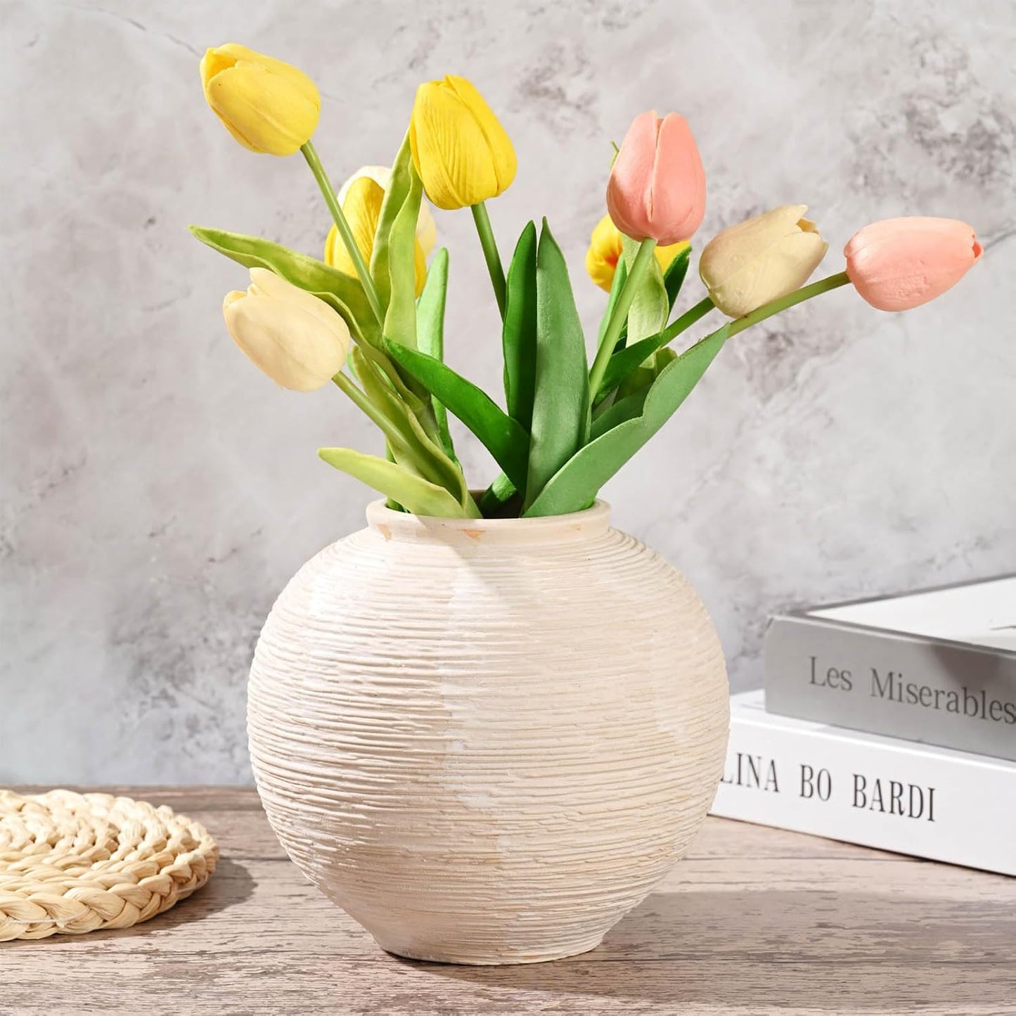 Rustic Farmhouse Vase Home Decor / 02 - Small Rustic Ribbed Whitewash / 6 Inch