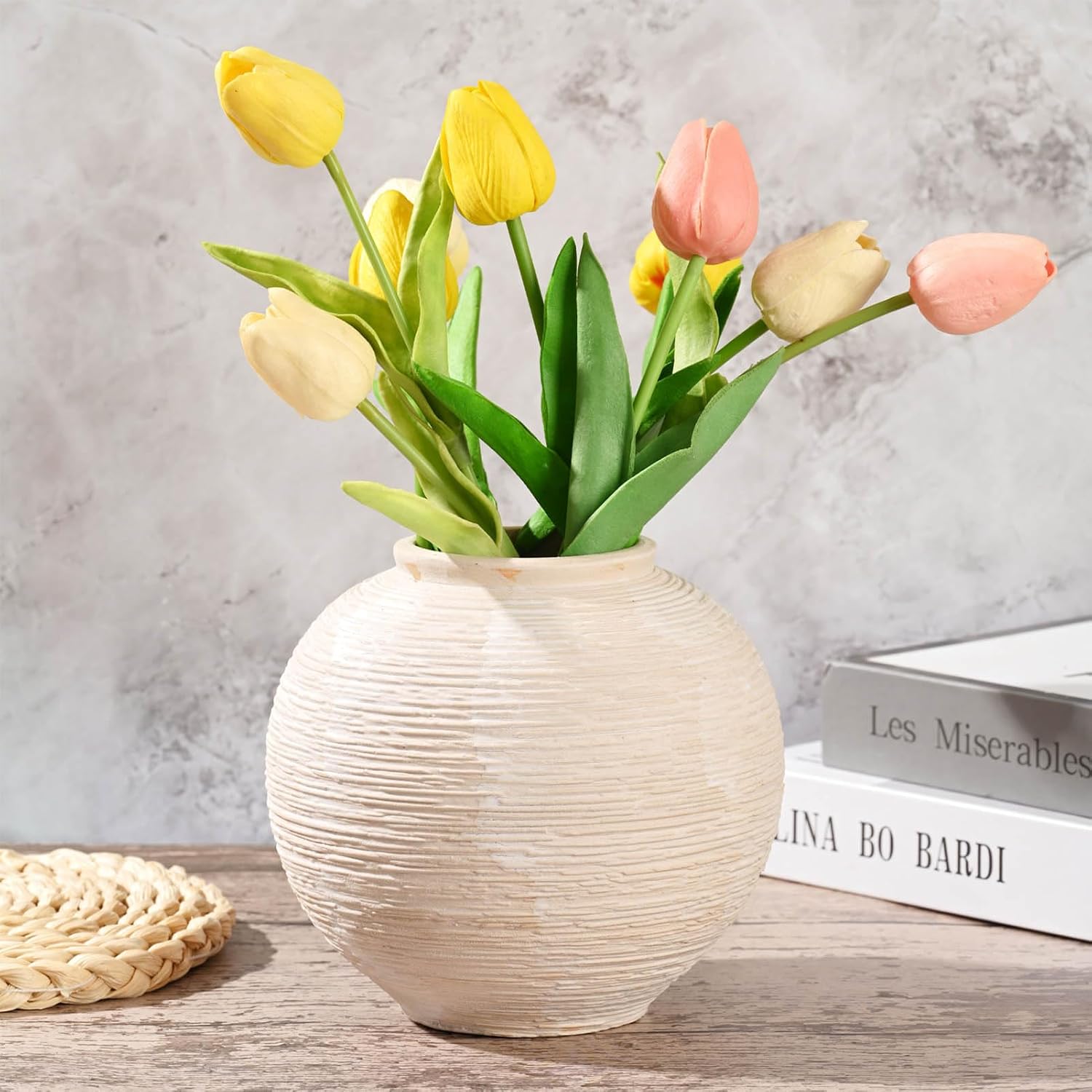 Rustic Farmhouse Vase Home Decor / 02 - Small Rustic Ribbed Whitewash / 6 Inch