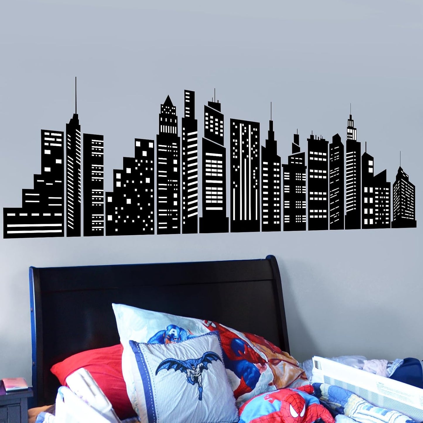 City Skyline Wall Stickers City Building Silhouettes Peel and Stick Wall Art Decals / Black
