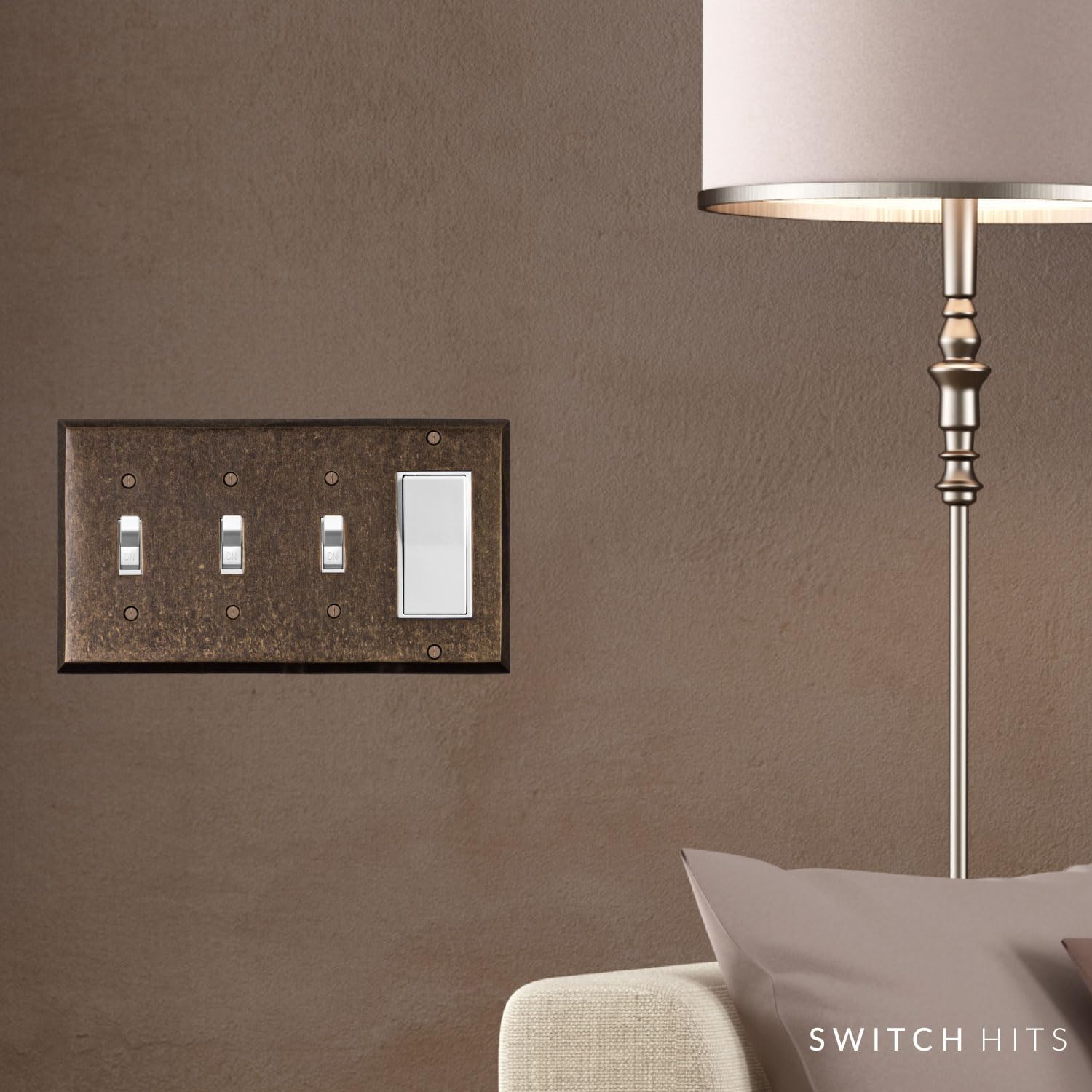 Triple Light Switch Plate Outlet Cover GFCI Wall Plate | 3 Toggle - 1 Rocker Mottled Antique Brass Electrical Faceplate