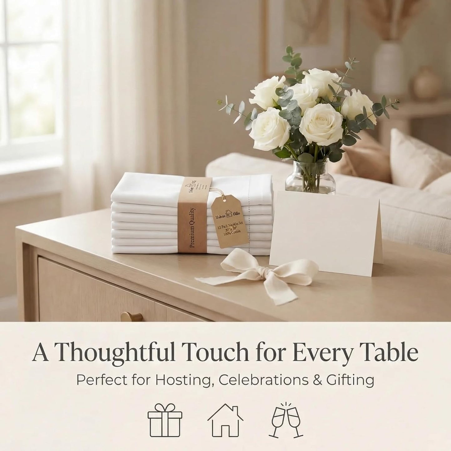 Urban Villa Cloth Napkins White Hemstitch Dinner Napkins Set of 12 (20X20) 100% Cotton Absorbent Washable Durable