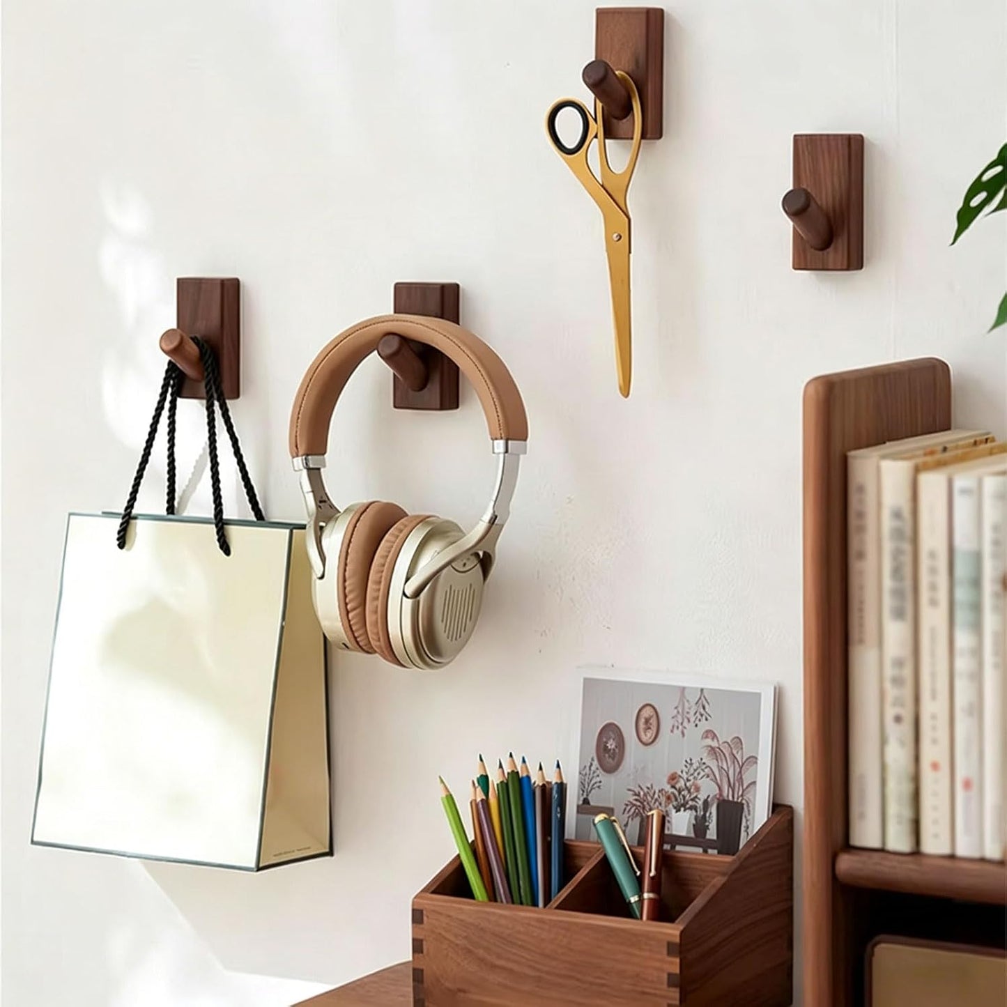Wooden Coat Hooks Wall Mounted / Rectangle-black Walunt / Set of 5