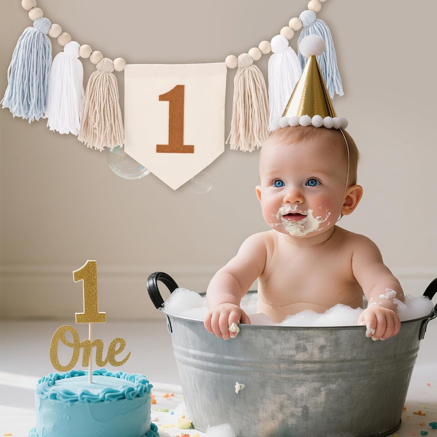 One Blue Boho Wood Bead Tassel Garland Highchair Decor Wall Hanging / Brown and Blue