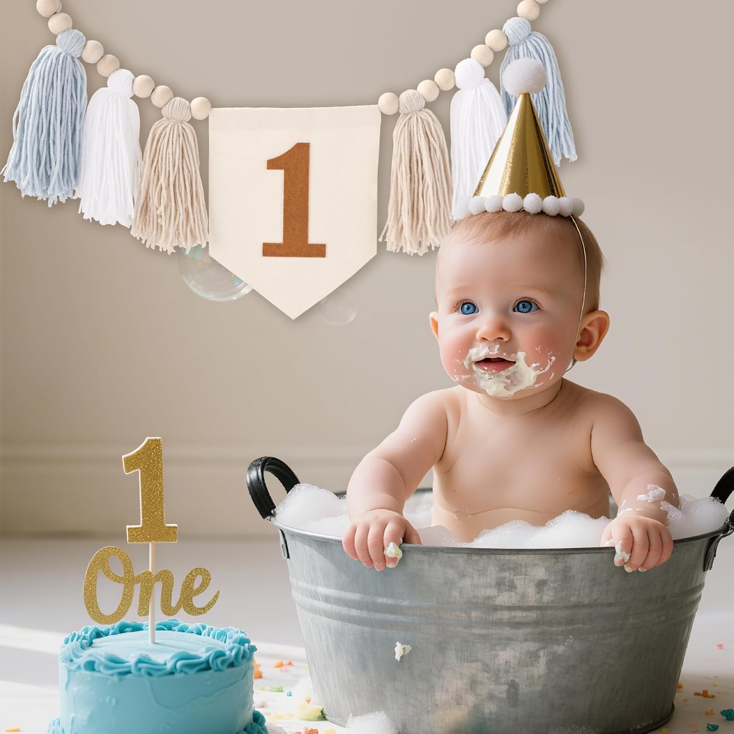 One Blue Boho Wood Bead Tassel Garland Highchair Decor Wall Hanging / Brown and Blue