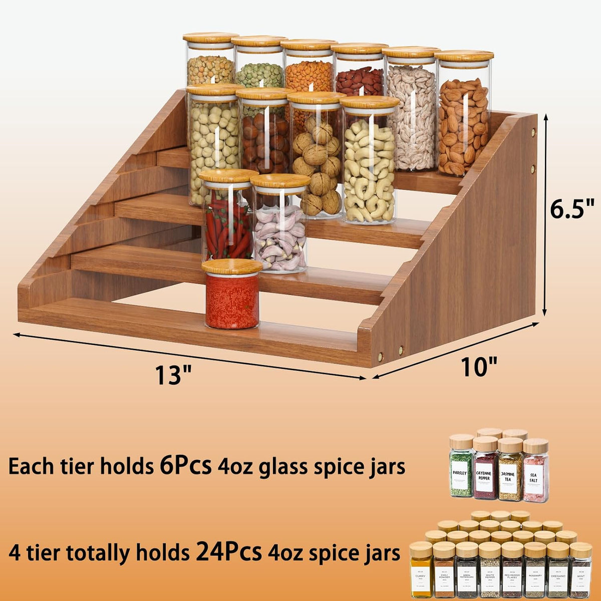 Solid Wood Spice Rack Organizer for Countertop & Cabinet, 4 Tier Adjustable Wooden Spice Shelf with Sliding Track