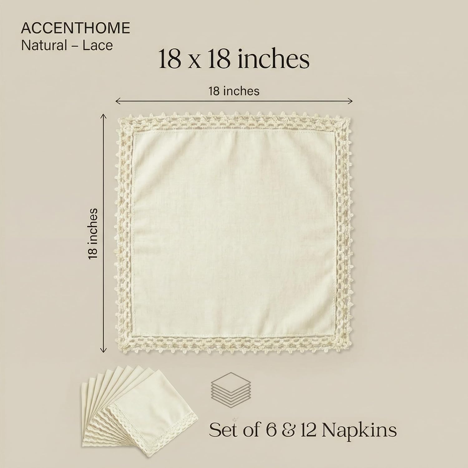 ACCENTHOME Cream Cloth Napkins Set of 12 18x18 inch Cotton Dinner Napkins - Washable Soft Premium Hotel Quality