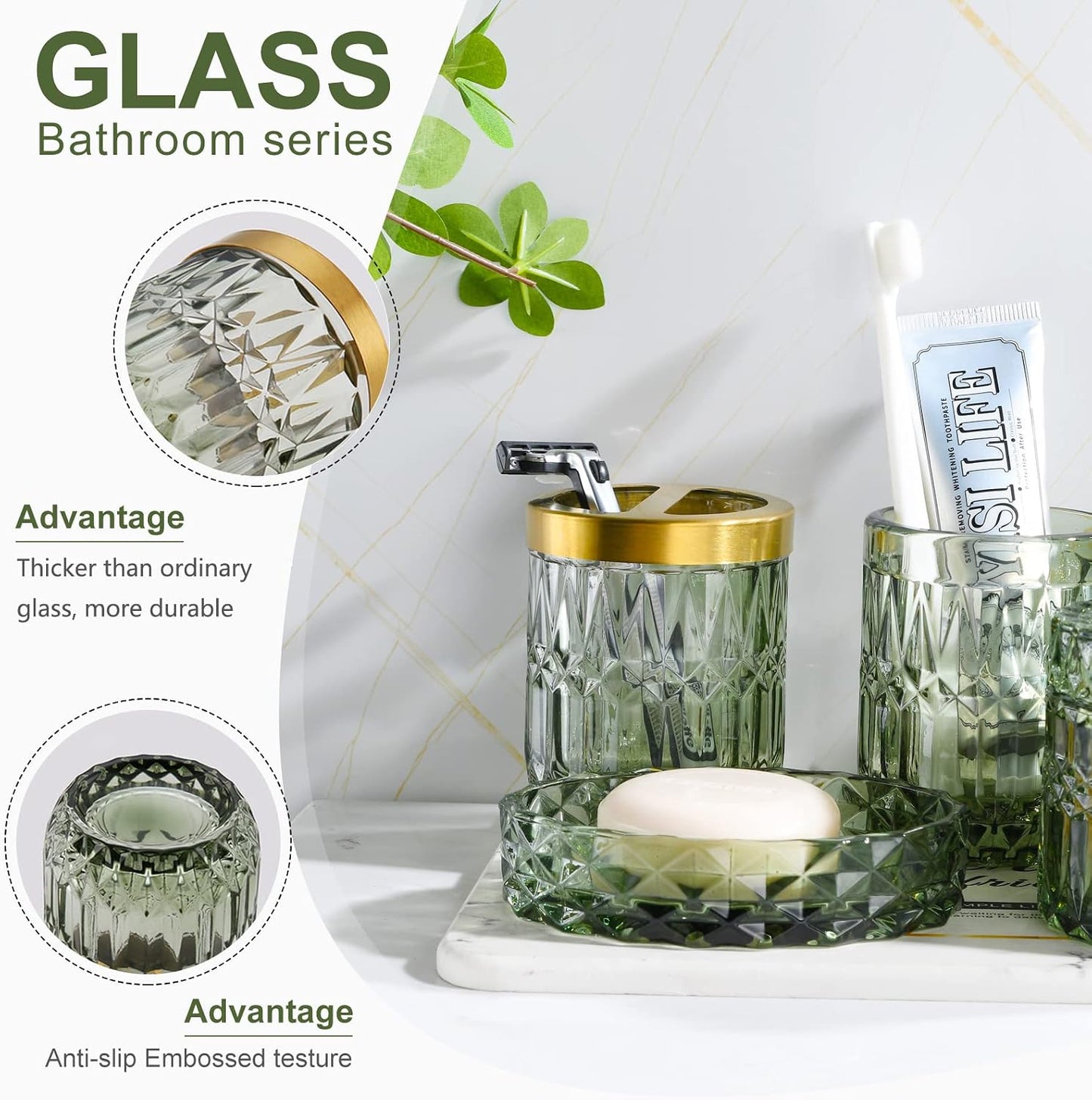LaMarriti Green Bathroom Accessories Set, 6 Pcs Clear Glass Bathroom Set, Soap Dispenser, Soap Dish, Toothbrush Holder