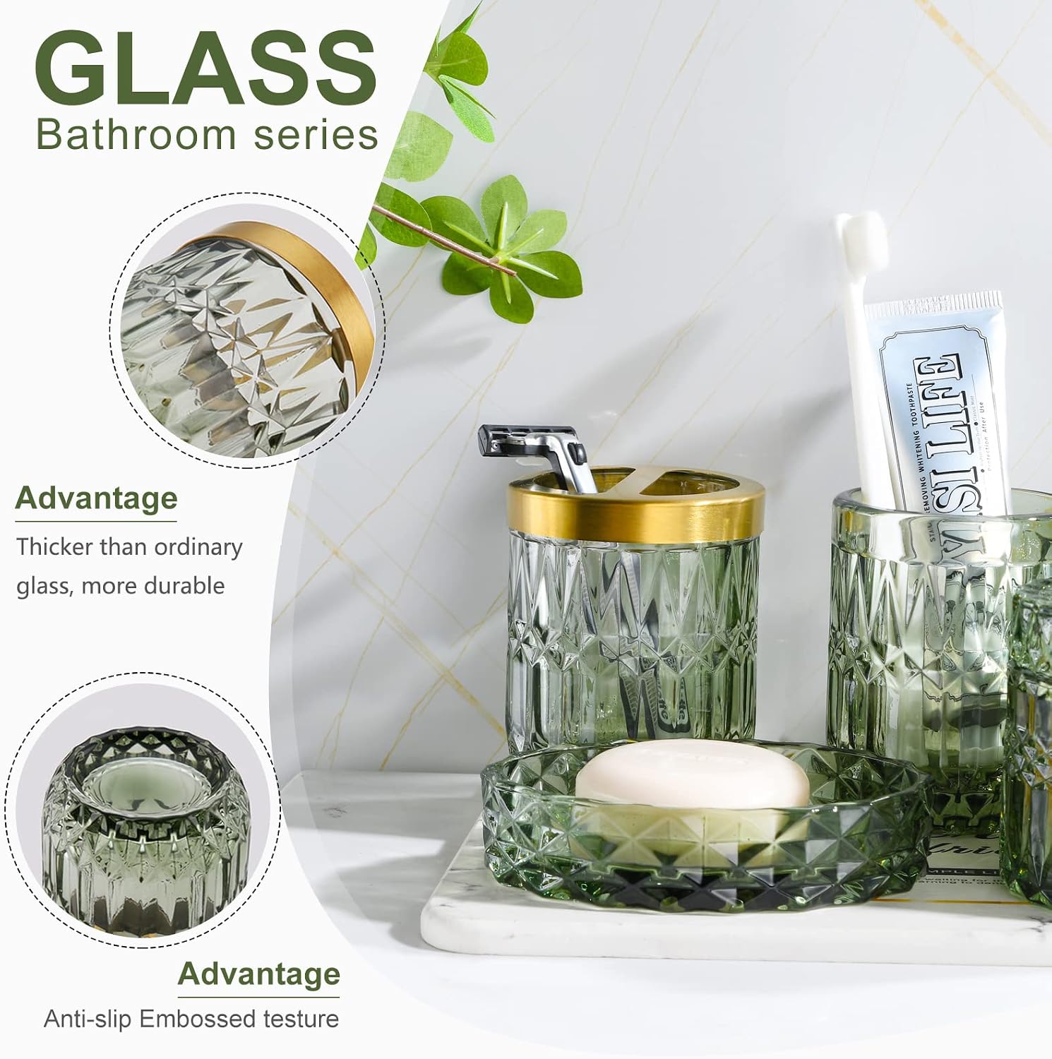 LaMarriti Green Bathroom Accessories Set, 6 Pcs Clear Glass Bathroom Set, Soap Dispenser, Soap Dish, Toothbrush Holder