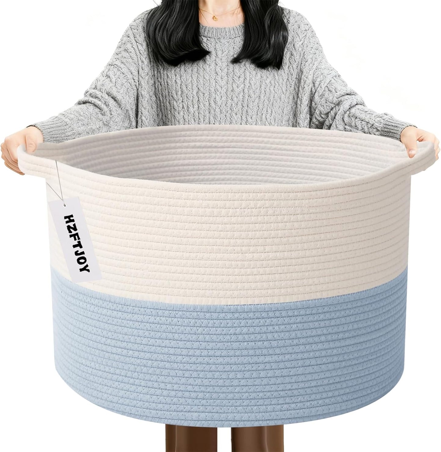 90L Large Blanket Basket,Woven Laundry Basket-White&Blue