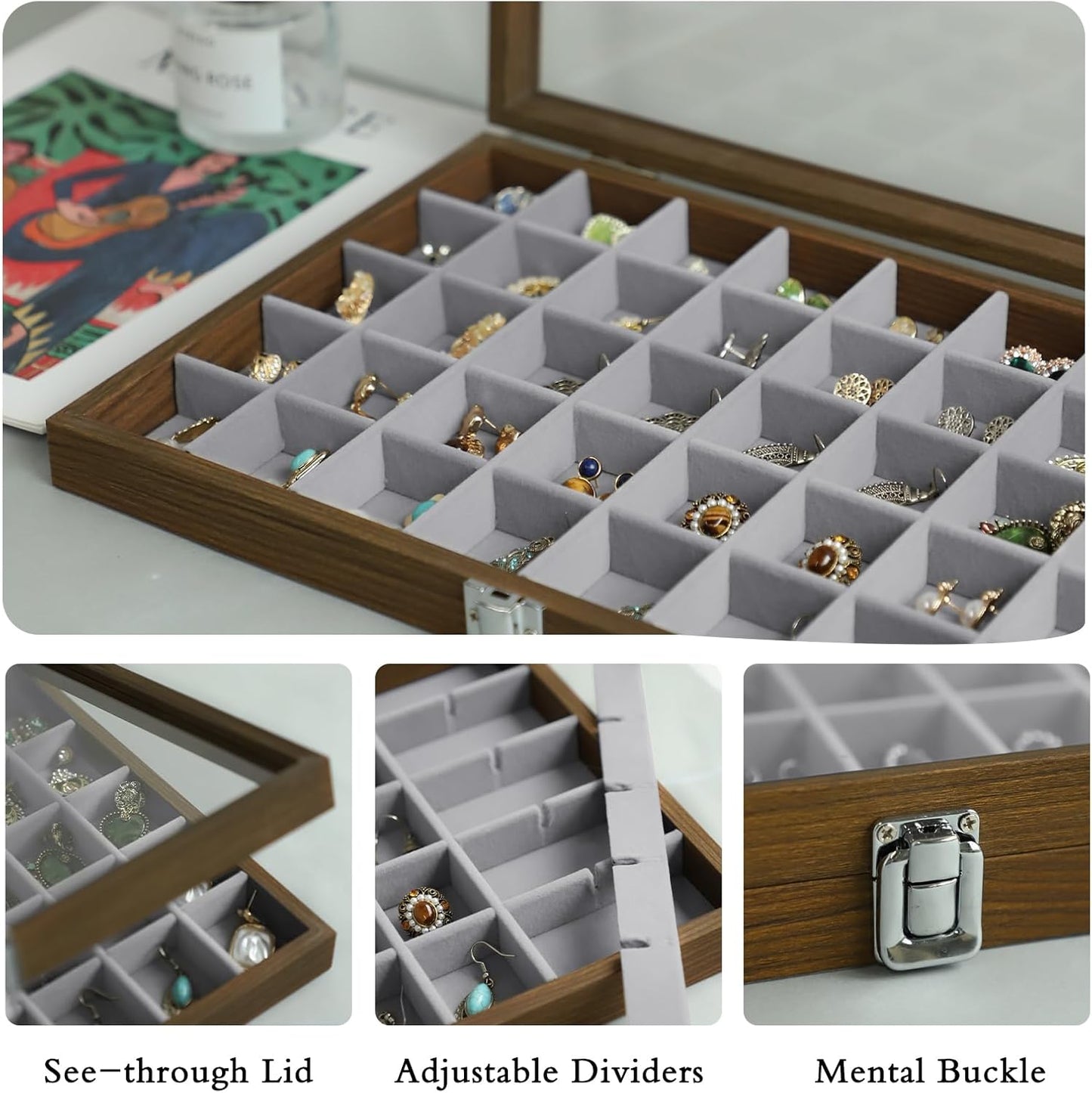 40 Grid Wood Jewelry Organizer / Grey / Set of 40