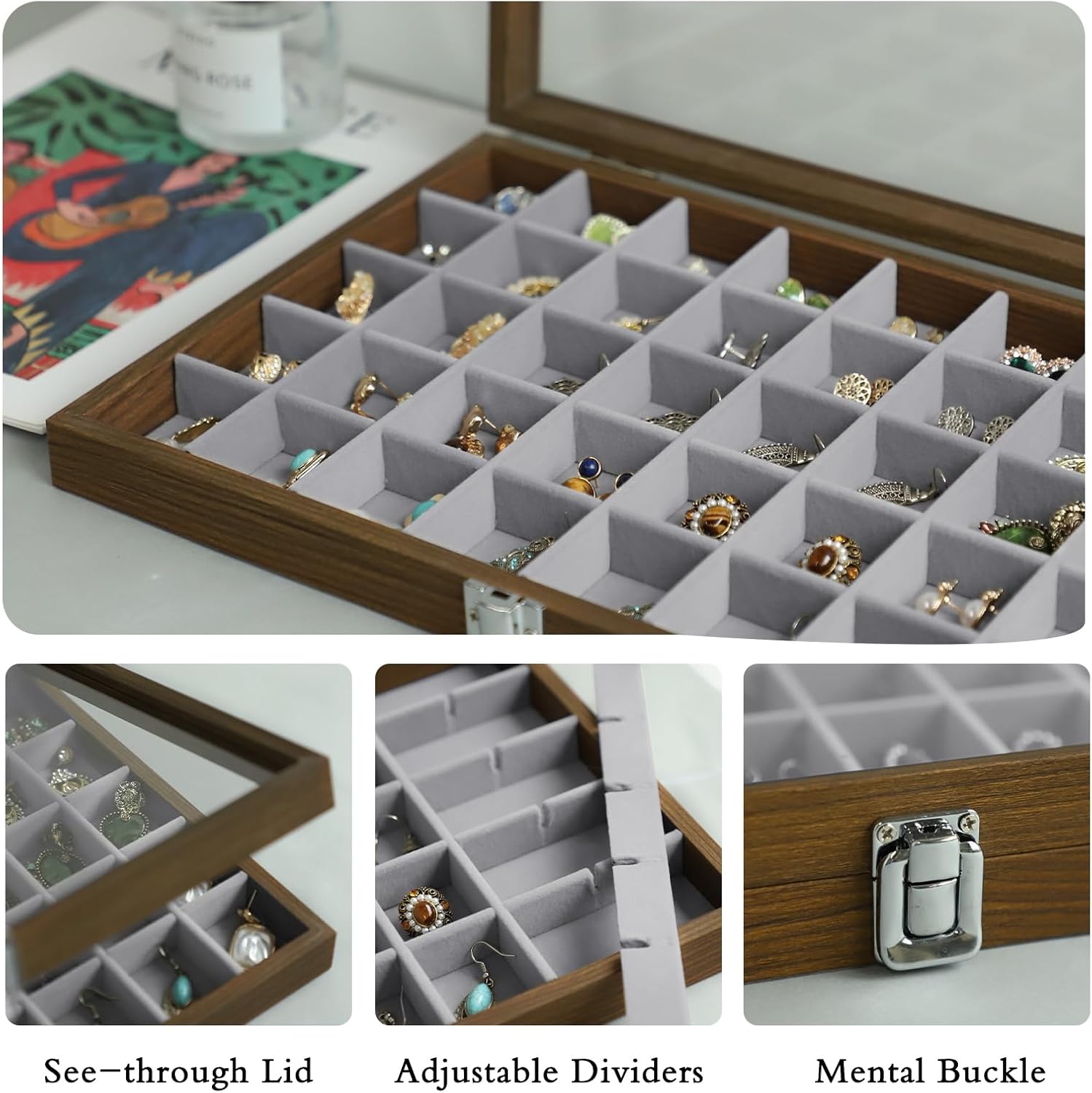 40 Grid Wood Jewelry Organizer / Grey / Set of 40