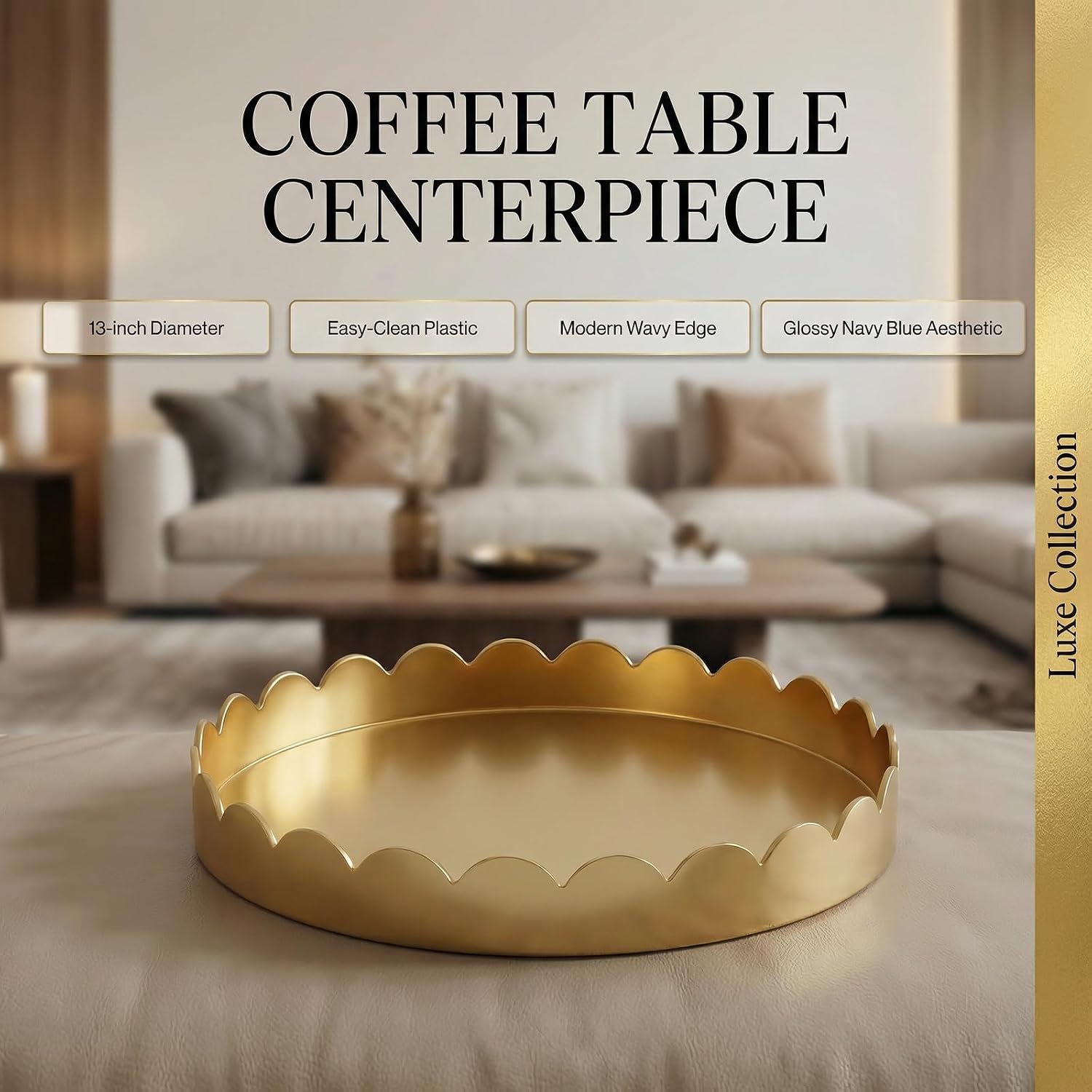 13" Round Scalloped Decorative Tray / Gold