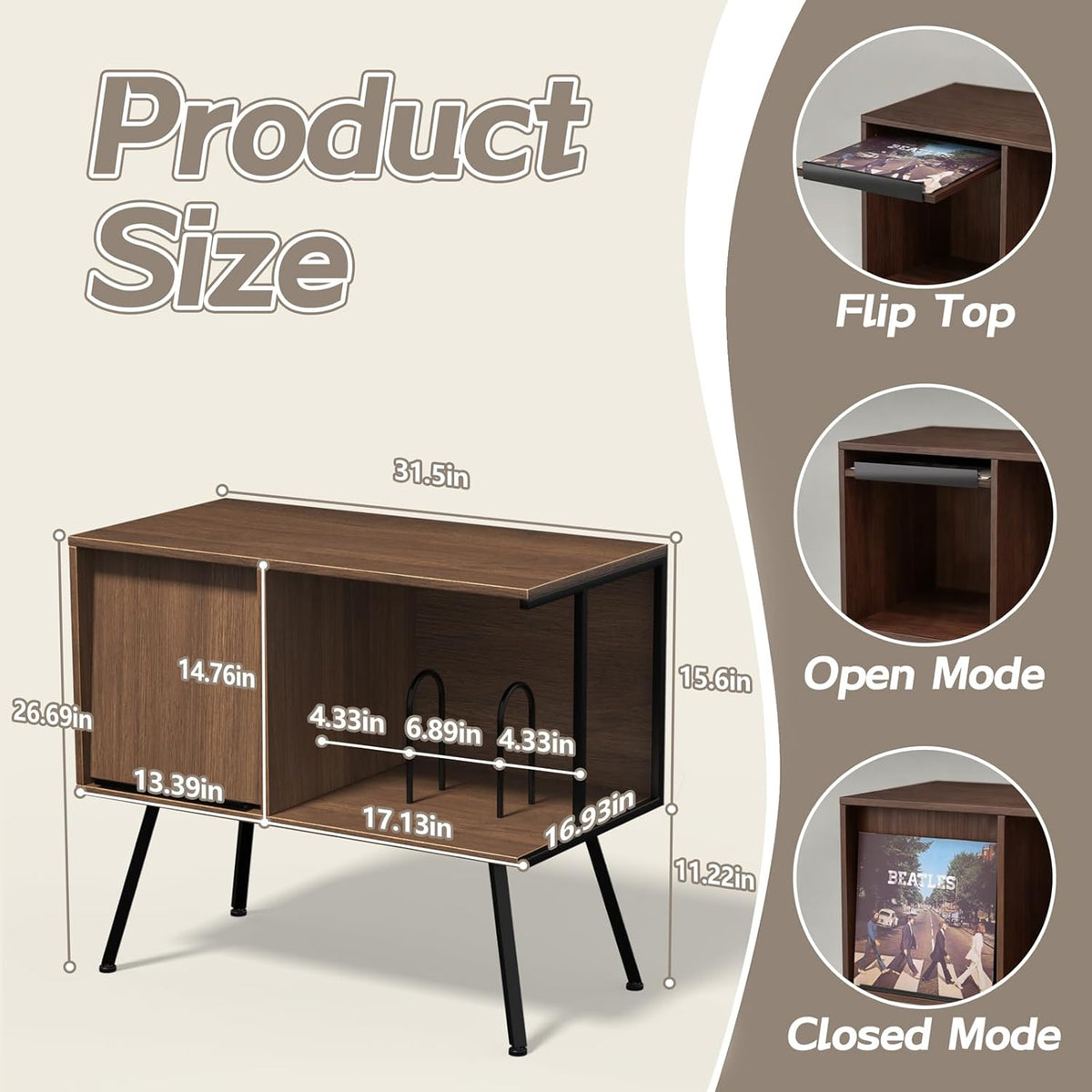 Faesun Record Player Stand with Flip-Down Record Shelf, Walnut | Vinyl Record Storage Holds up to 150+ Albums