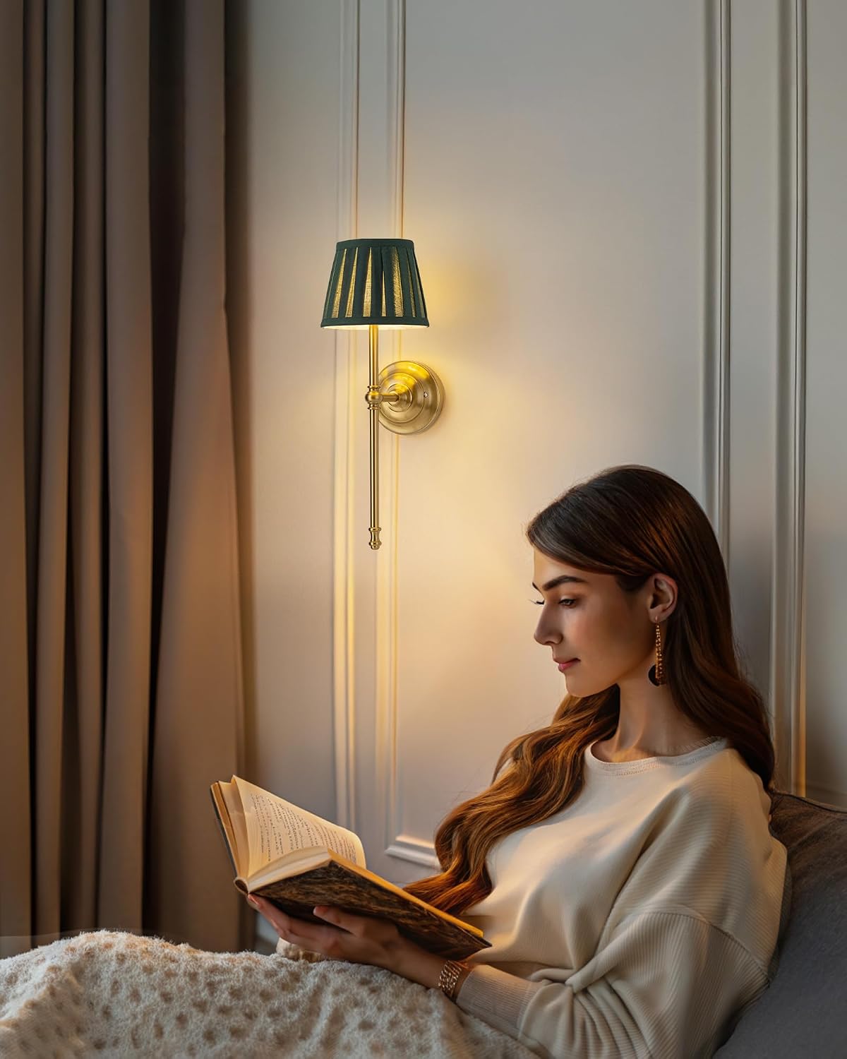KDG Gold Cordless Wall Sconces Set of 2, Green Fabric LED Wall Lamps | Wireless Small Rechargeable Battery, Portable