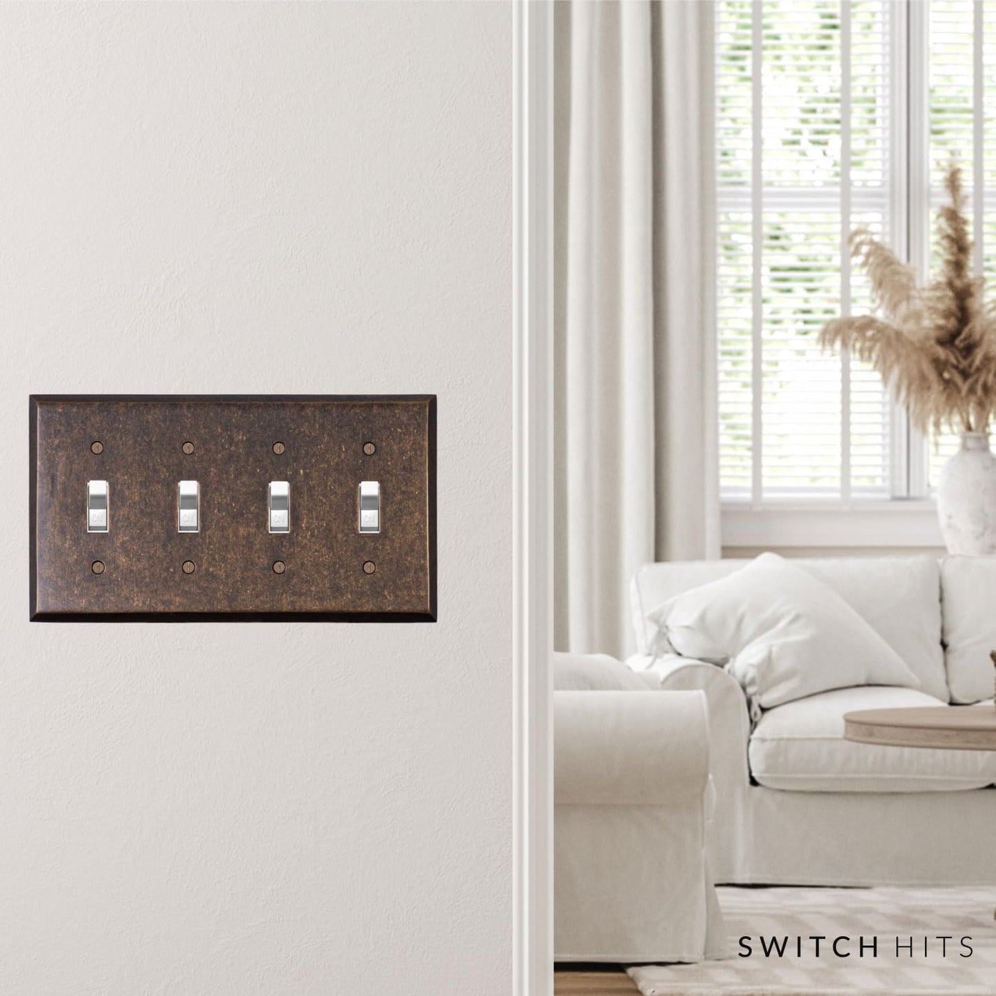 Quad Light Switch Plate GFCI Wall Plate Outlet Cover | 4 Toggle Mottled Antique Brass Electrical Faceplate | Hand