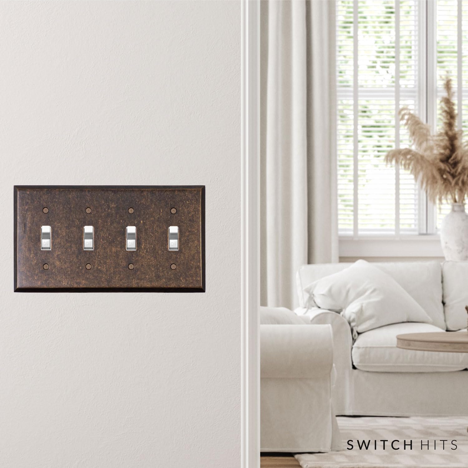 Quad Light Switch Plate GFCI Wall Plate Outlet Cover | 4 Toggle Mottled Antique Brass Electrical Faceplate | Hand
