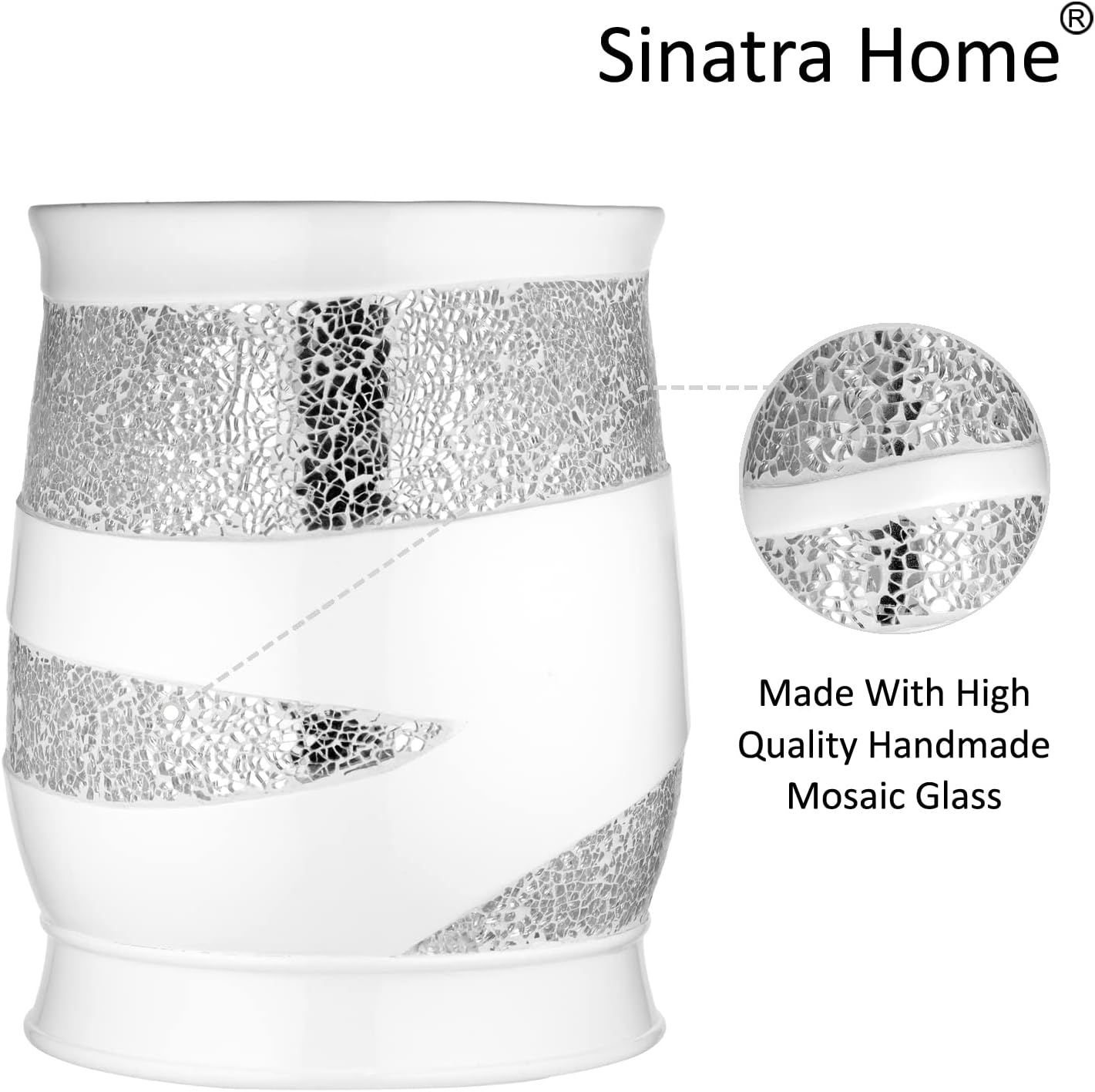 Zahari Home 2pc Sinatra White Modern Bath Accessories Set Waste Basket & Tissue Box Modern Decorative Beautiful Designs