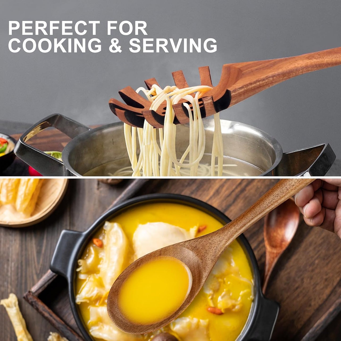 9 Pcs Wooden Kitchen Utensils Set with Holder Cooking Spoons Wood Spatula | Acacia Wood Spoons for Cooking Utensils