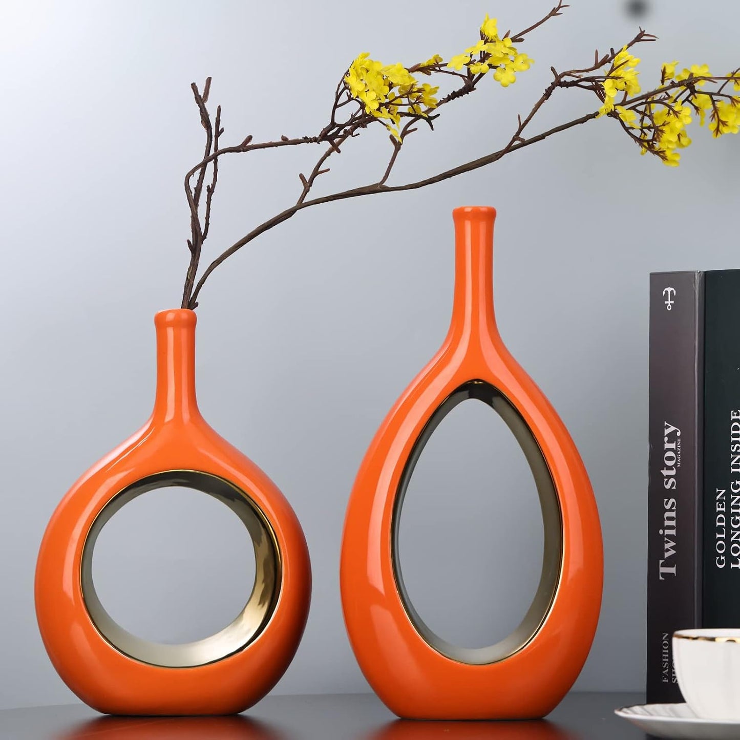 Vase Ceramic Orange Vases Home Decor / Orange and Gold
