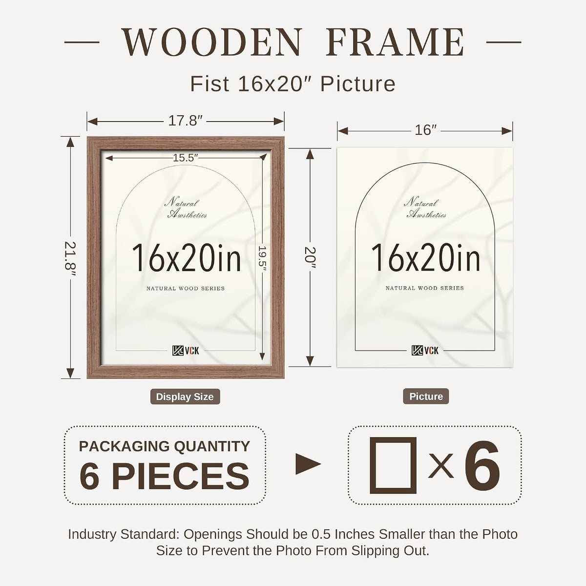 VCK 16x20 Frames Set of 6, Elegant Walnut Wood Poster Frame | 1.1in Wide Border, Wall Hanging, HD Plexiglass