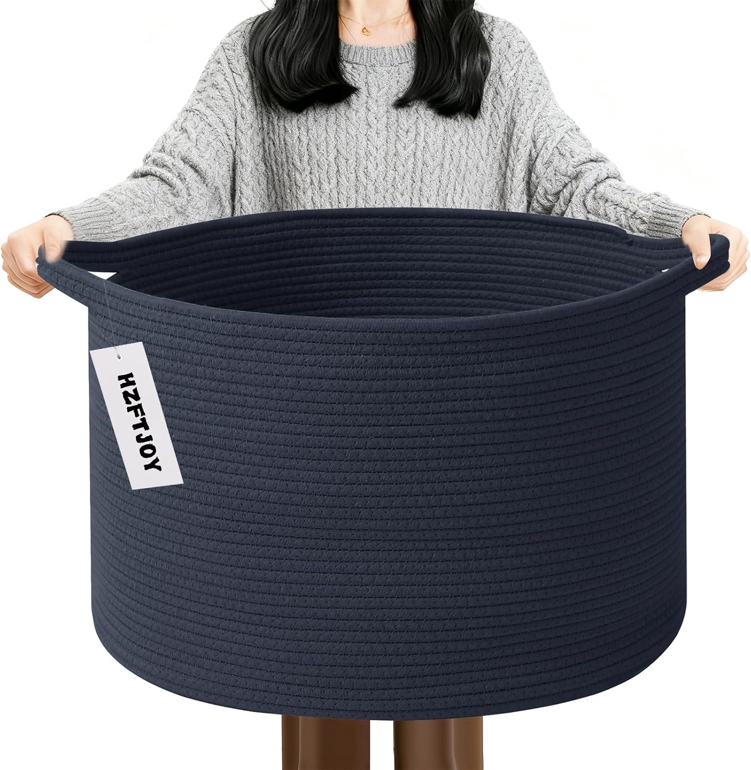 90L Extra Large Blanket Basket,Woven Rope Laundry Basket-Dark Blue