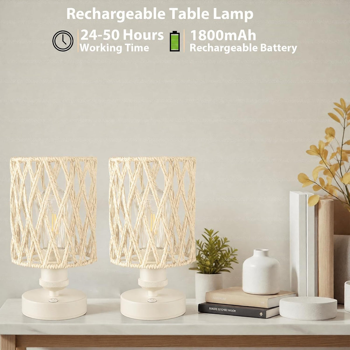 Cordless Outdoor Table Lamps, Small Rattan Boho, Rechargeable Battery Operated for Outdoor Patio, Home, Living Room