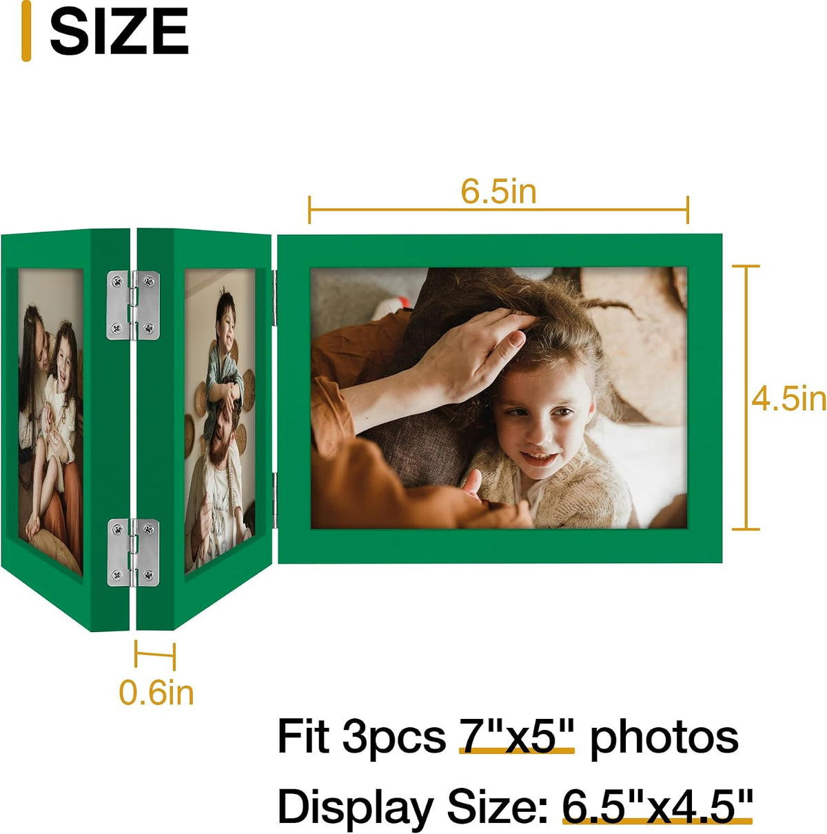 decorUhome Green Triple 7x5 Picture Frame Horizontal, MDGN08 | "Z" Shape Folding Design Engineered Wood Trifold Photo