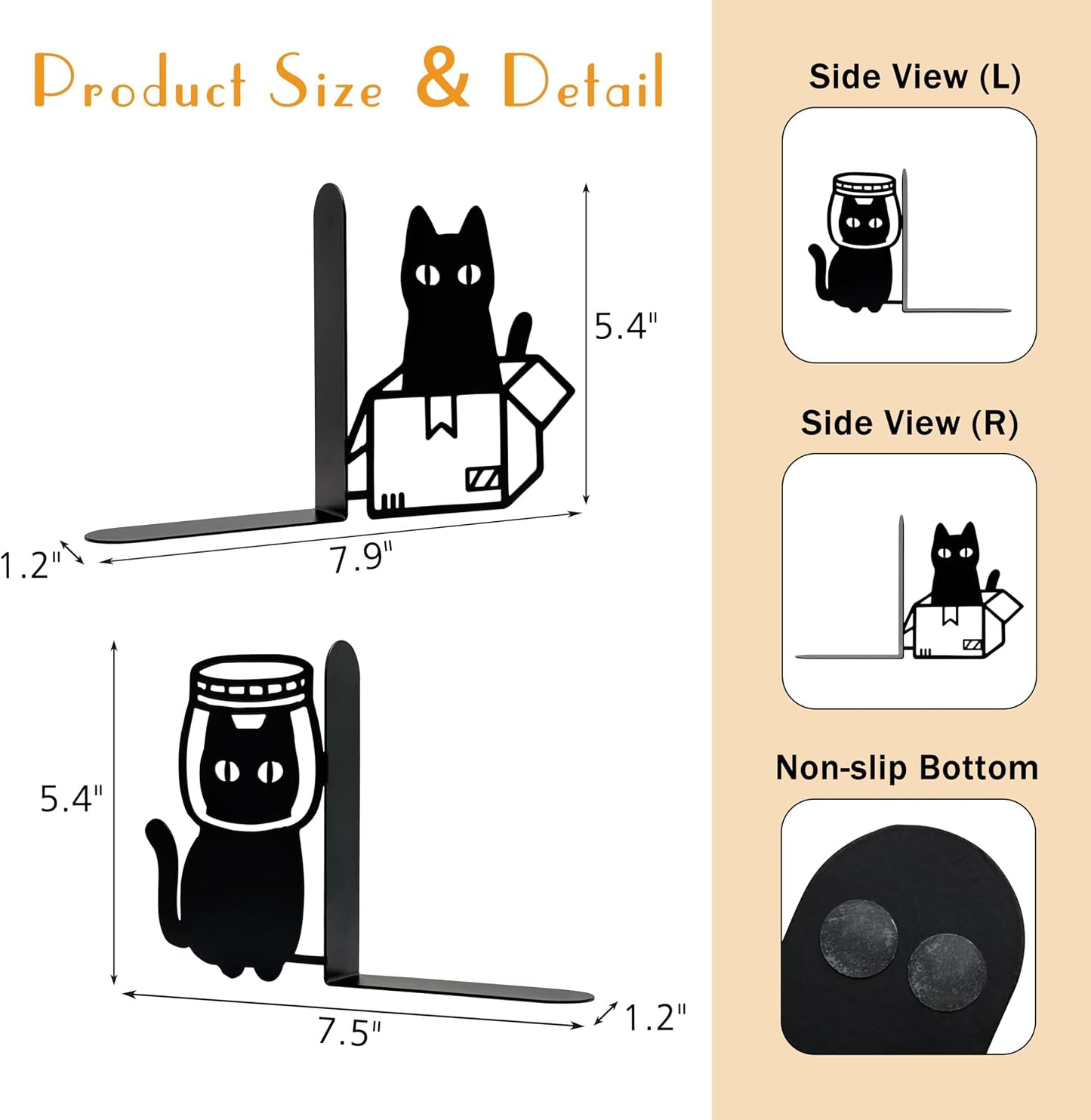 Cat Bookends Decorative Metal Book Ends Funny Bookends / Black