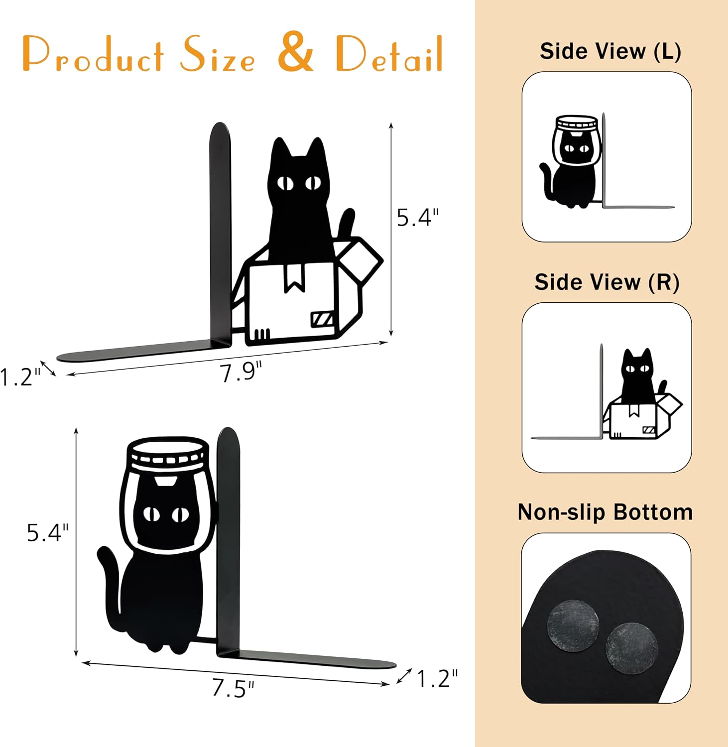 Cat Bookends Decorative Metal Book Ends Funny Bookends / Black
