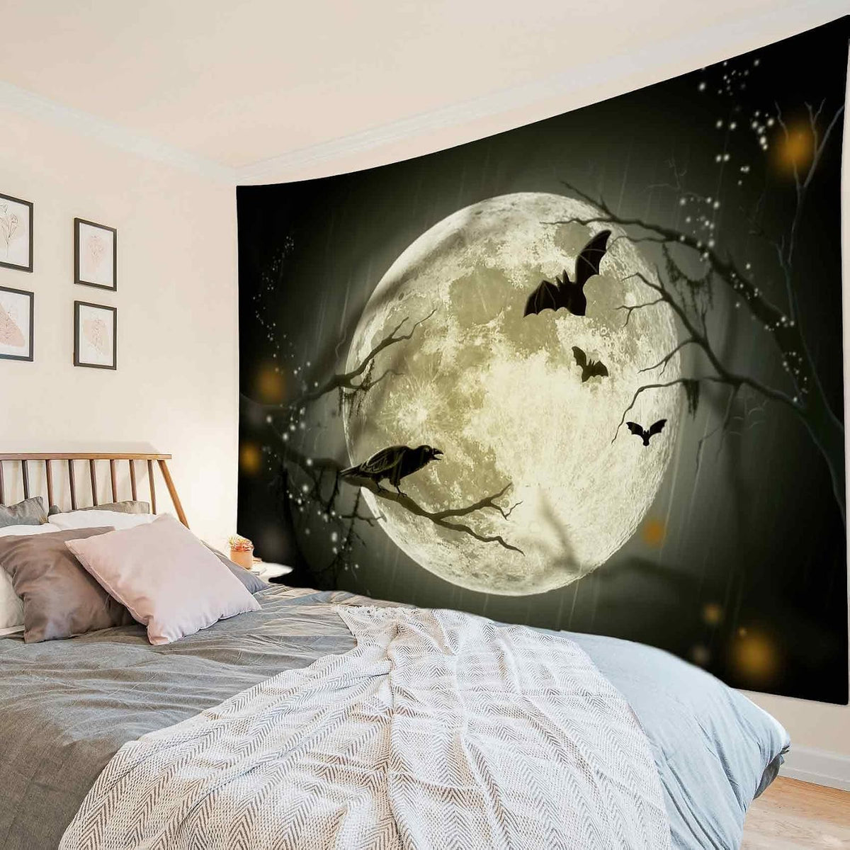LB Halloween Full Moon Tapestry Wall Hanging Creepy Halloween Night Black Bat Crow Taspestry Wall Art Blanket for Bedroom Living Room Dorm Home Wall Decor, 80x60 Inches