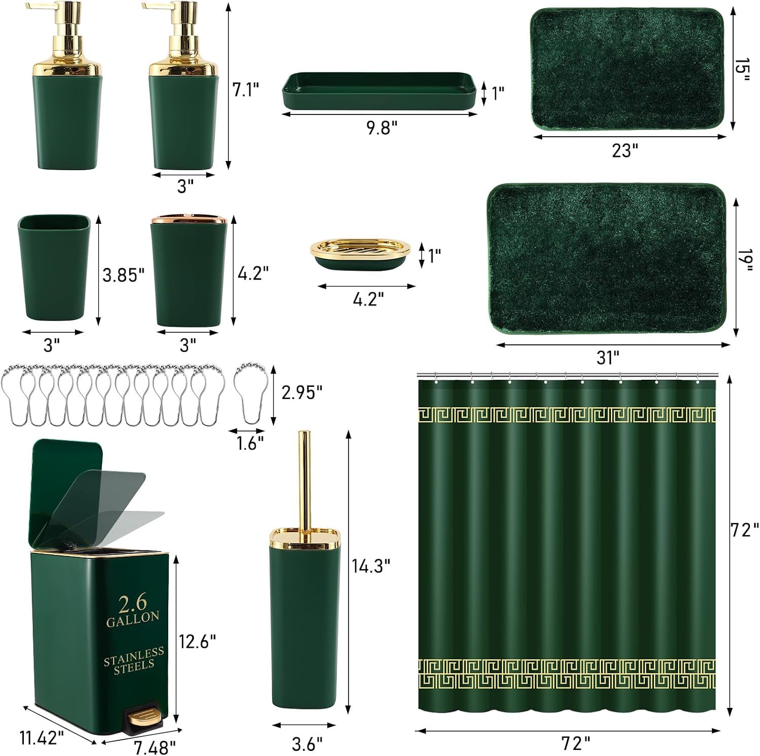 XLHOMO Bathroom Sets with Shower Curtain and Rugs Bathroom Accessories Set Hunter Green Bathroom Set,Soap Dispenser &