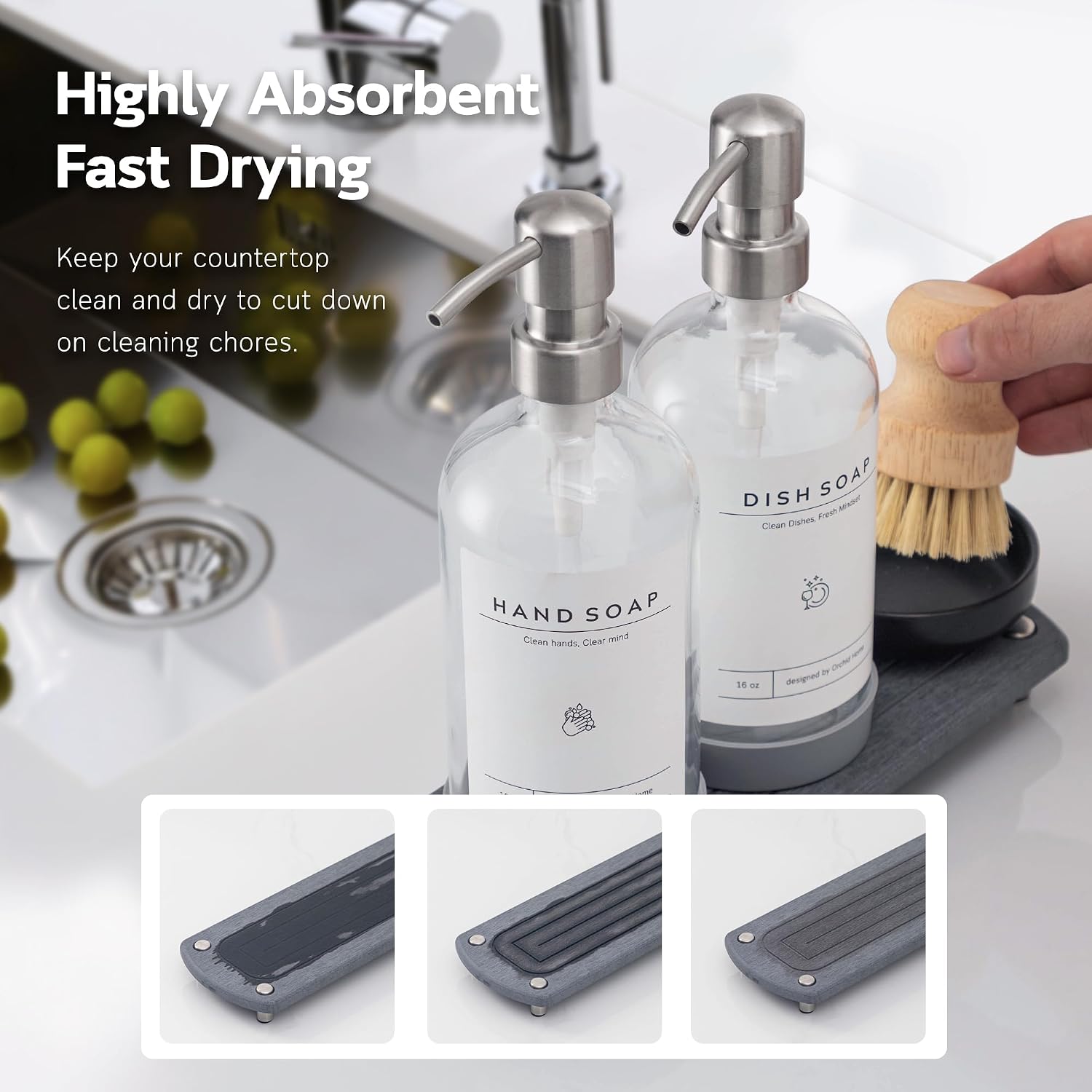 [Luxury] Kitchen Soap Dispenser Set - 16OZ Clear Glass Bottle, Stainless Steel Pump, Instant Dry Tray, Waterproof