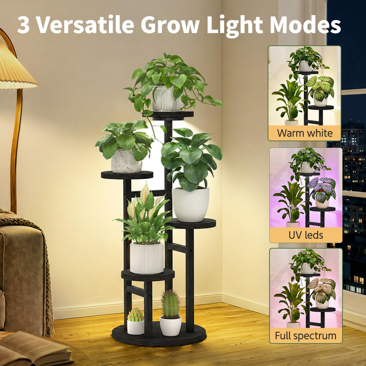 LASZOLA Wood Small Plant Stand Table Indoor Tall with Lights, 4 Tier Black | Corner Flower Pot Holder Rack for Multiple