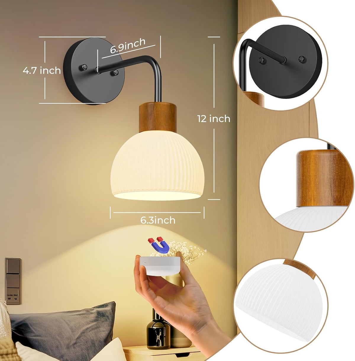 Glass Battery Operated Wall Sconces Set of 2, Rechargeable Wall Lamp with Remote, 12 Colors Dimmable Wireless Sconces
