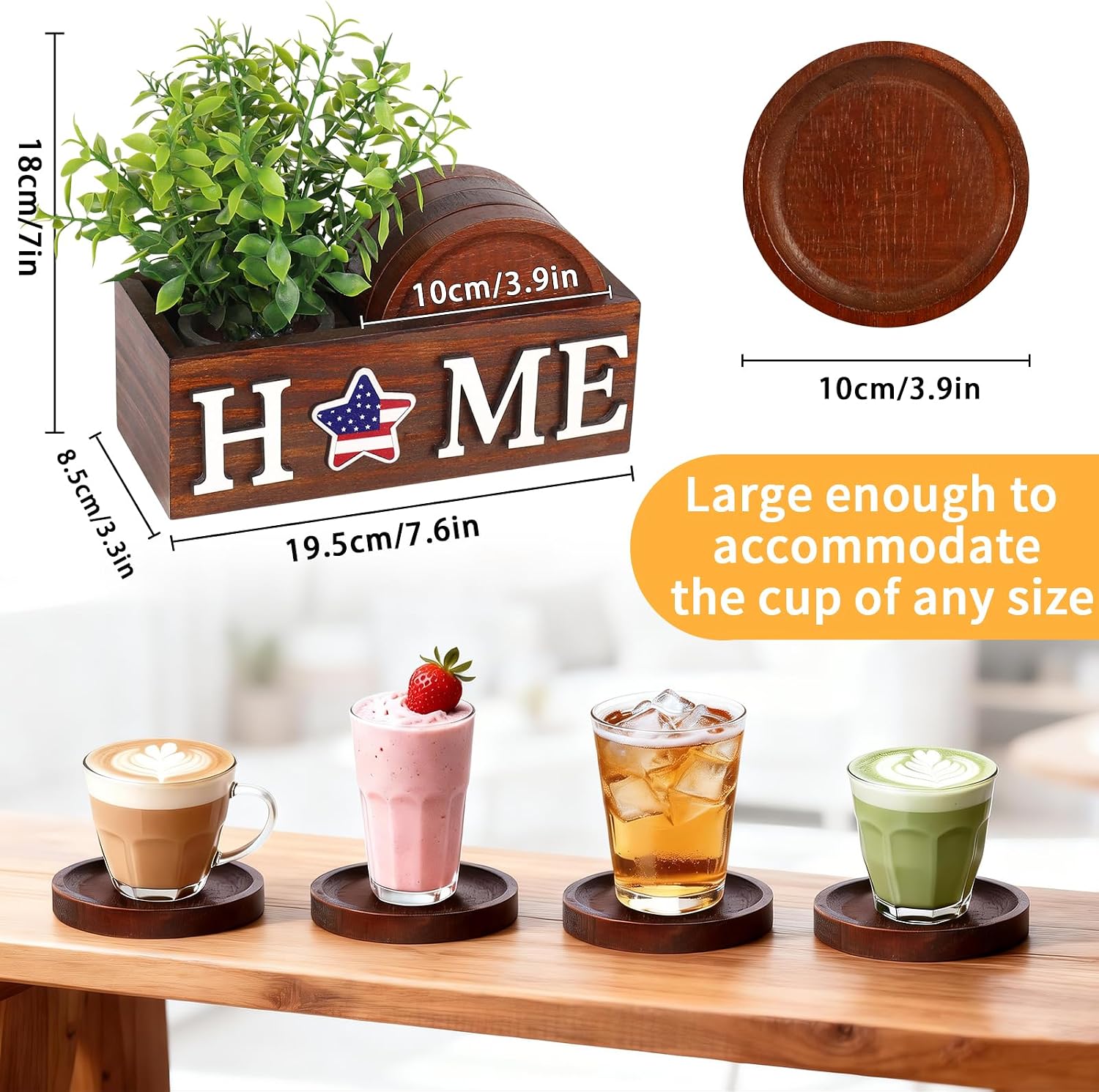 Interchangeable Home Sign Plants Potted Wooden Coaster Set / Green / Set of 4
