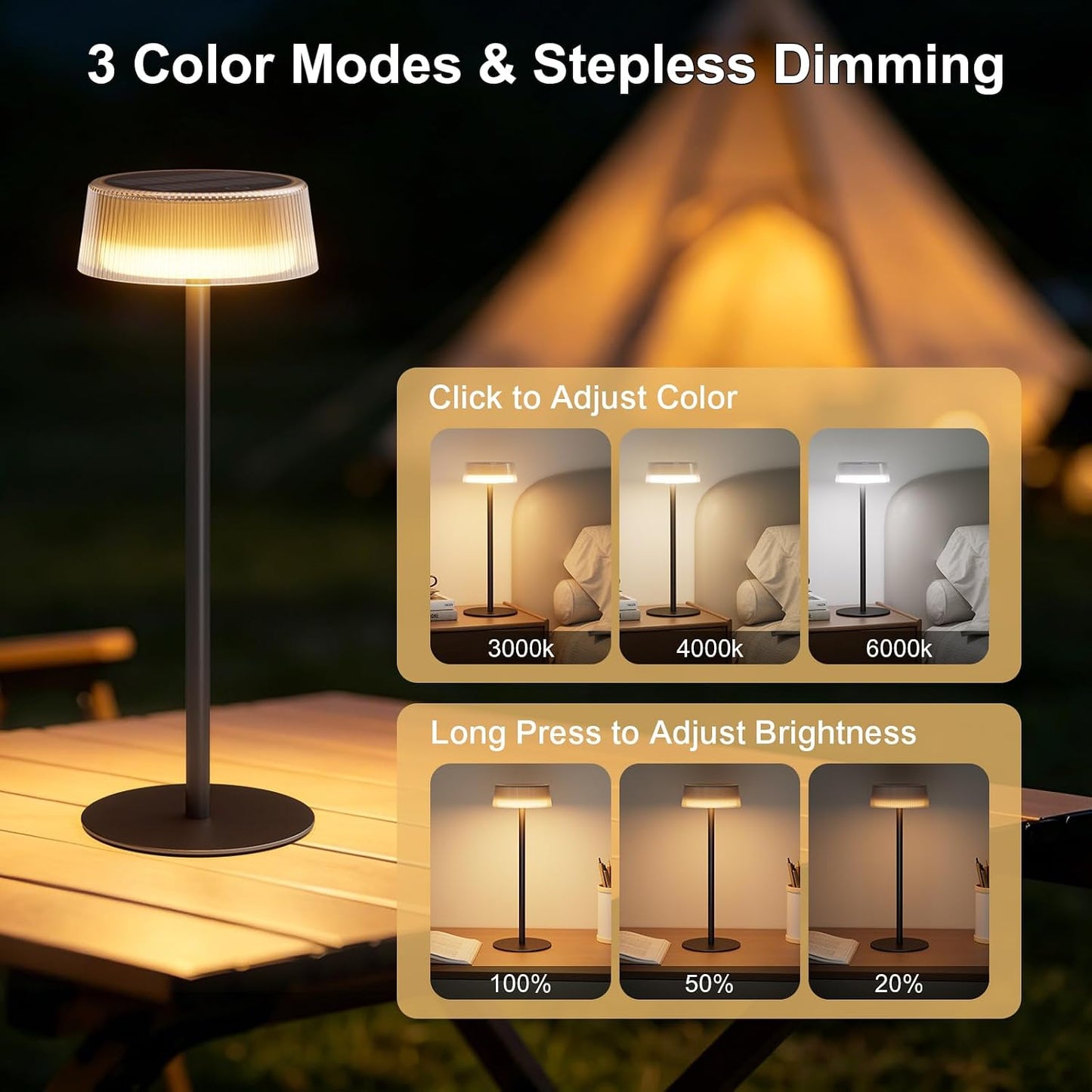 Solar Table Lamps Outdoor 2 Pack, Patio Solar Table Lights IP65 Waterproof | Cordless Rechargeable Battery Operated LED