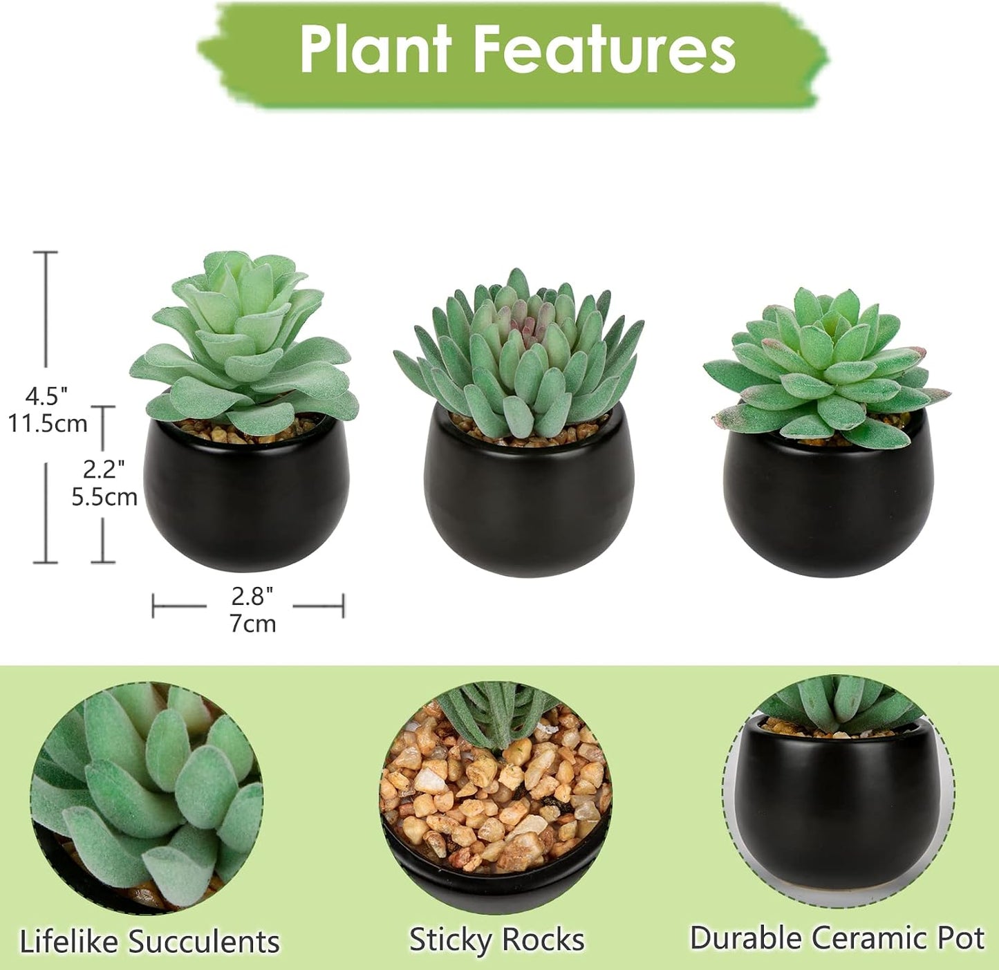Artificial Succulents Fake Plants Mini Succulents Potted in Ceramic / Type / Black / Set of 3