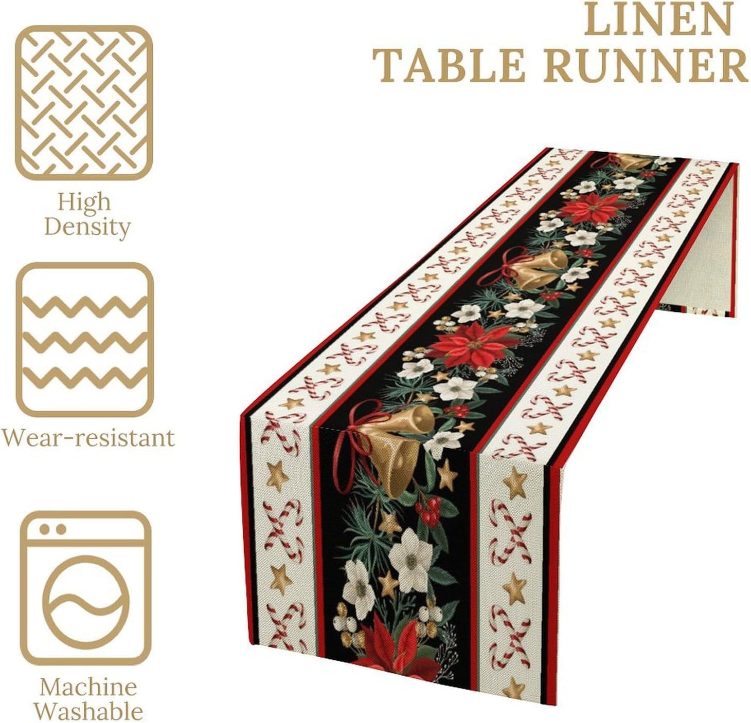Christmas Linen Table Runner, Red and Black Buffalo Plaid Winter Xmas Holiday Farmhouse Style Patterns Printed Linen
