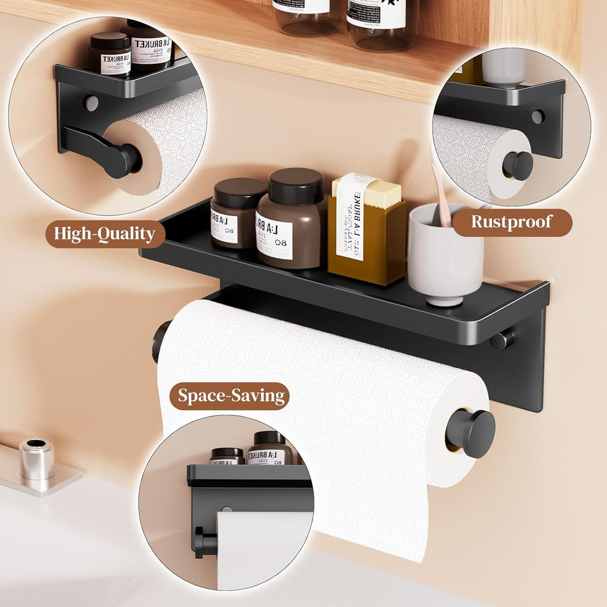 Black Paper Towel Holder with Shelf, Wall Mount Paper Towel Holder for Bathroom Kitchen, Hand Towel Rack Holder,Paper