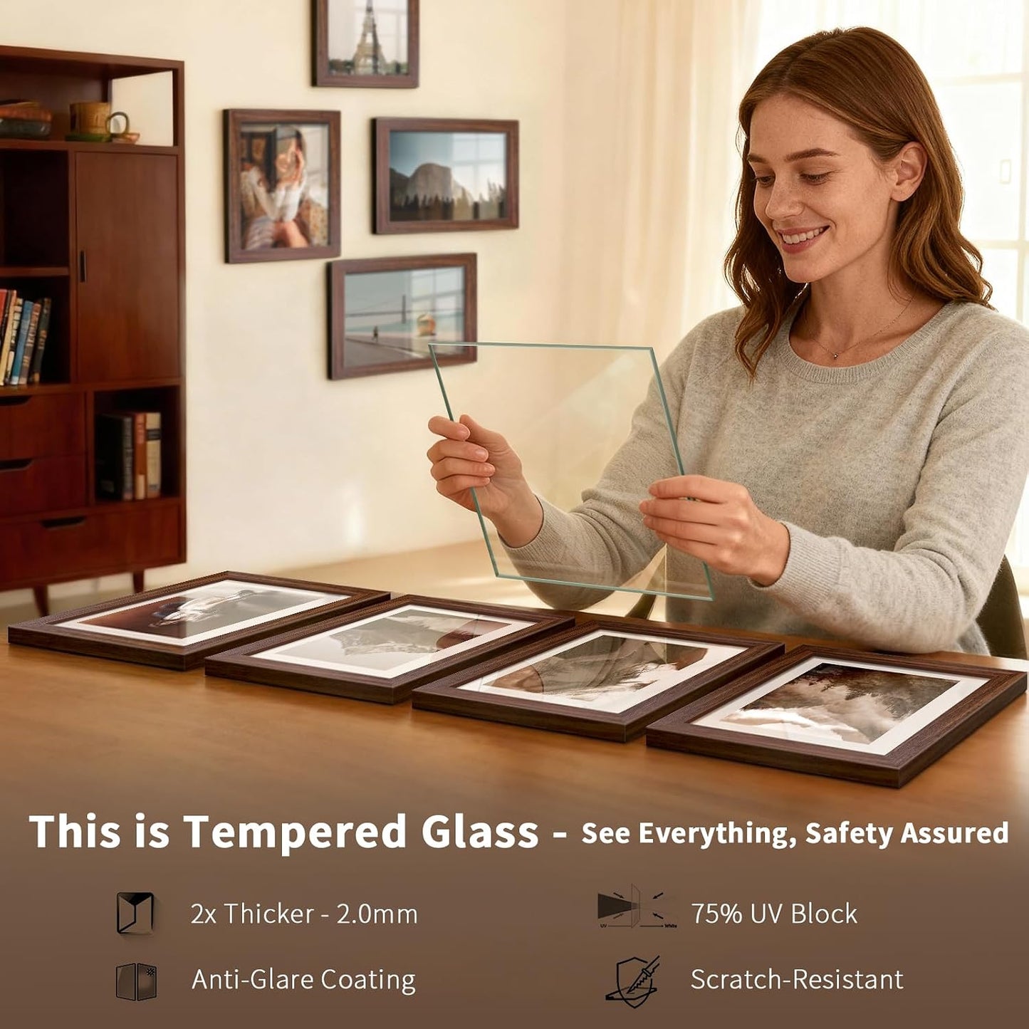 11x17 Picture Frame 4 Pack, Brown Solid Wood, Gallery Wall Hanging | Thick & Wide Border, HD Tempered Glass, Vertical