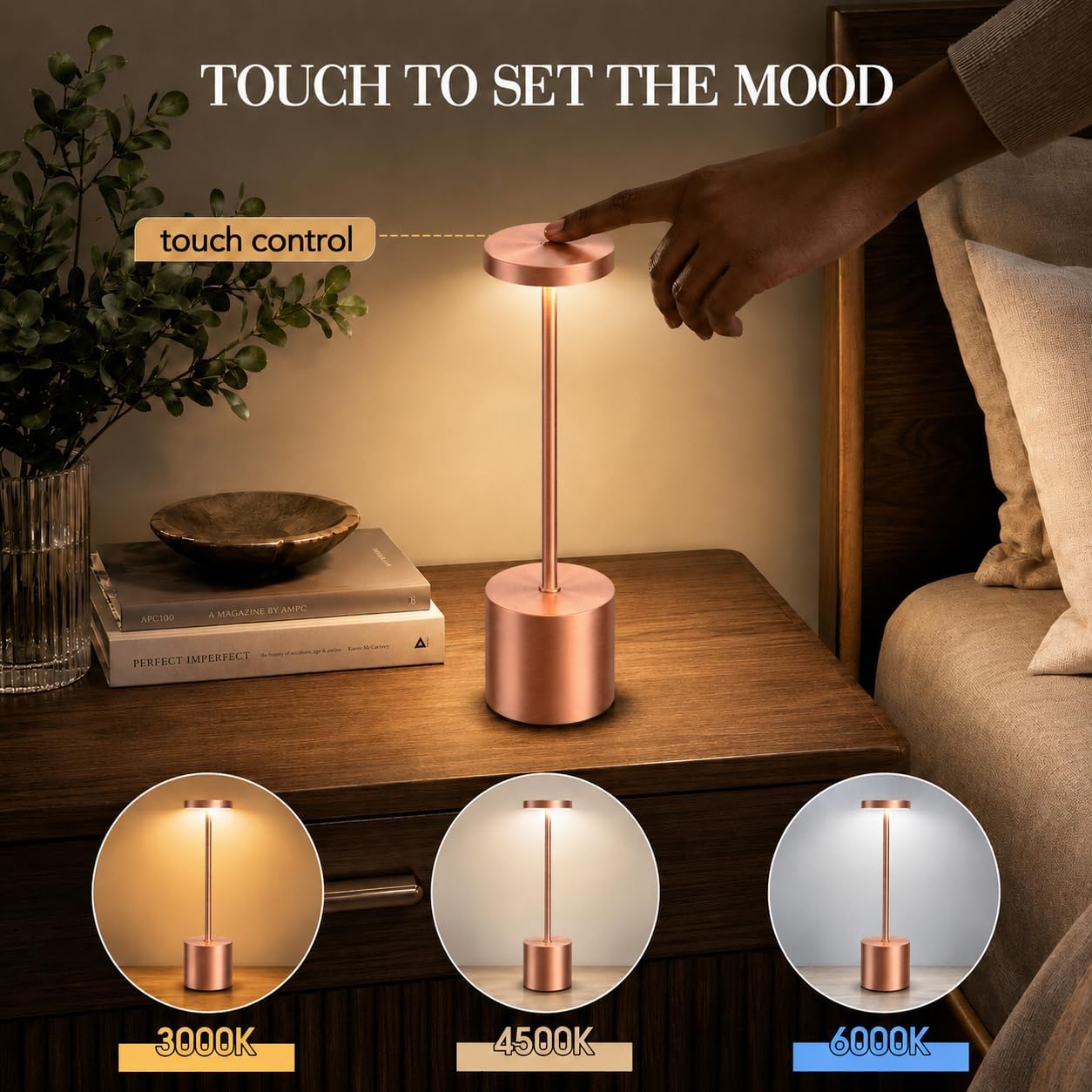 Rose Gold Cordless Table Lamps Set of 2, Battery Operated Rechargeable LED Lamps with Touch Control, 3 Color