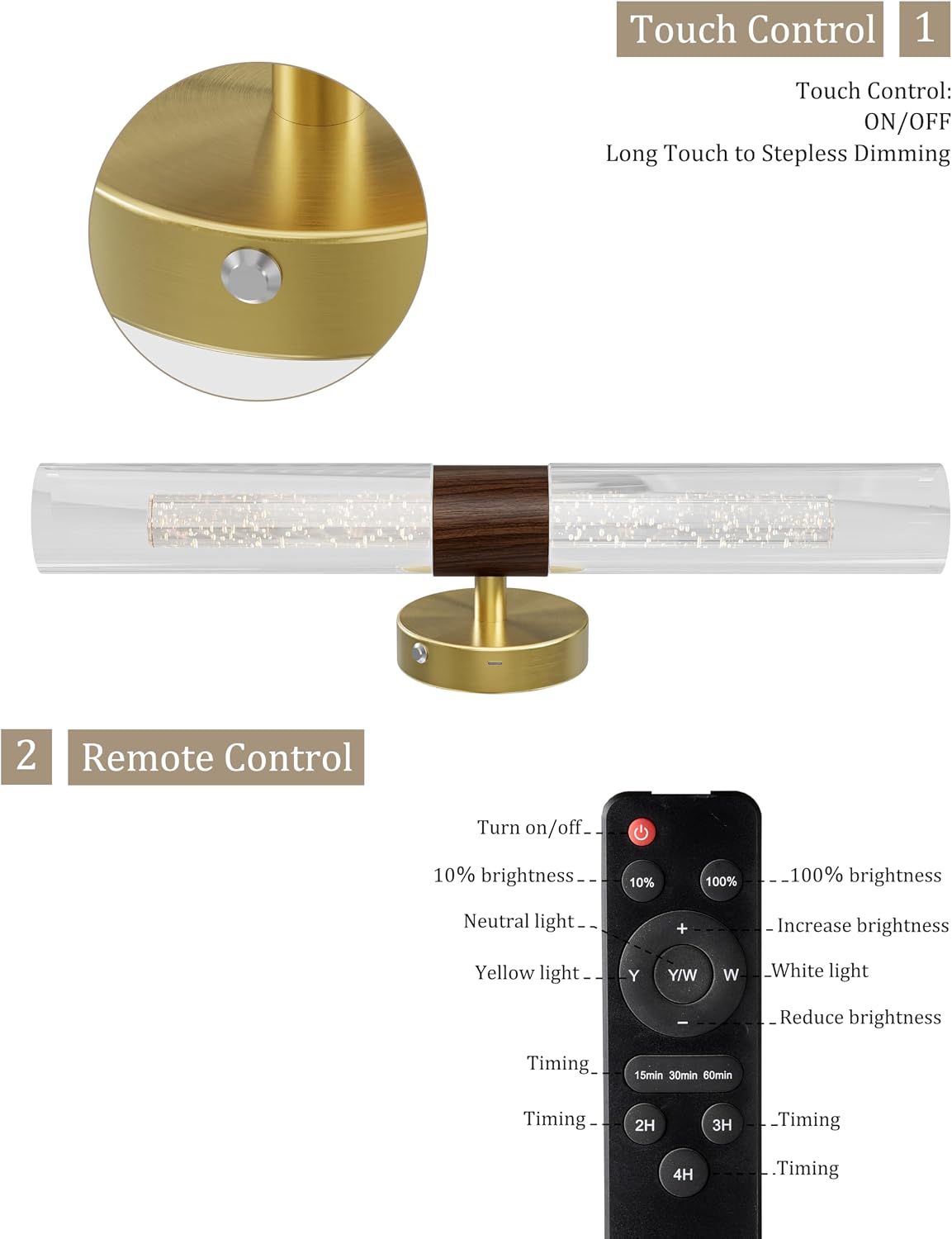 Gold Walnut Wall Sconces Battery Operated with Remote, 21.5 Inch 3CCT | Rechargeable Wall Sconce with Timer, Dimmable