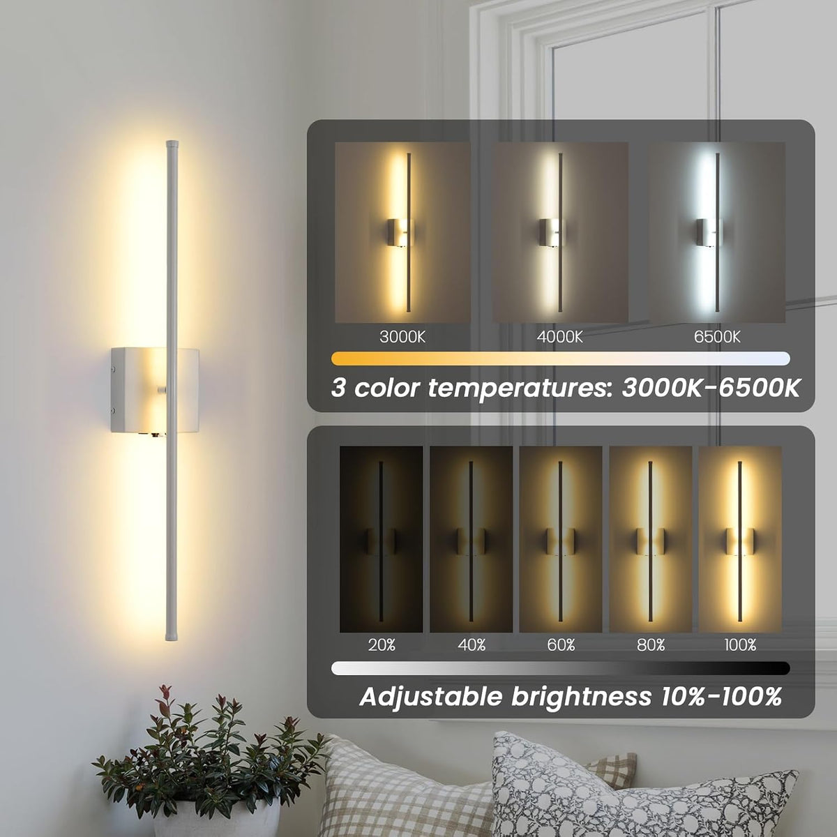 Rechargeable Battery Operated Wall Sconces, 11000mAh Wireless White Wall Lights with Remote Control, 350°Rotate
