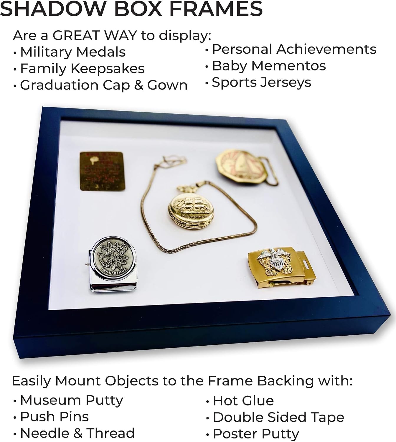 7x10 Shadow Box Black Solid Wood Display Frame with White Acid-Free Backing UV Acrylic & Hanging Hardware - with 3/4"