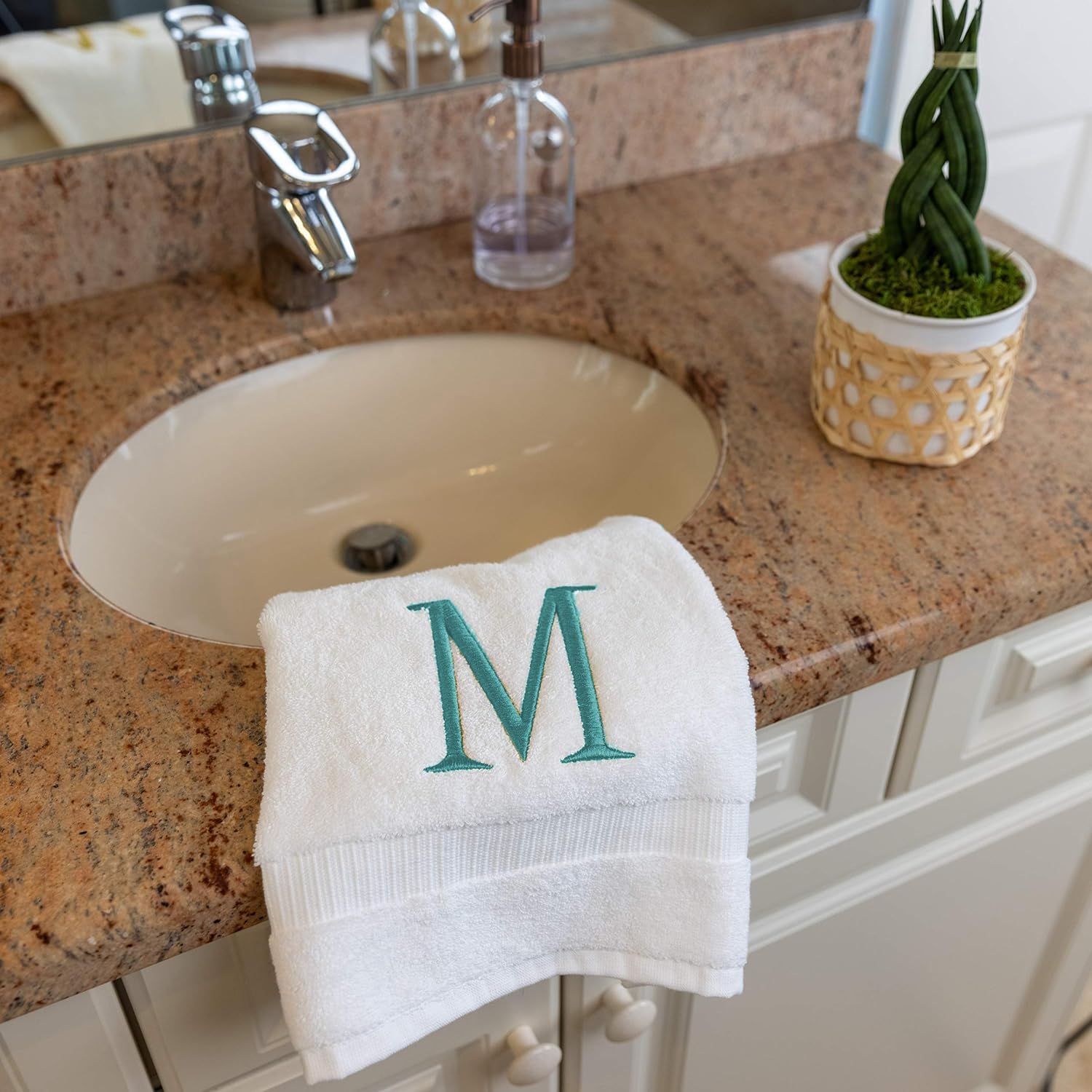 White with Teal Monogrammed Hand Towels for Bathroom - Set of 2 Letter M | Luxury Hotel Quality Initial Towels For
