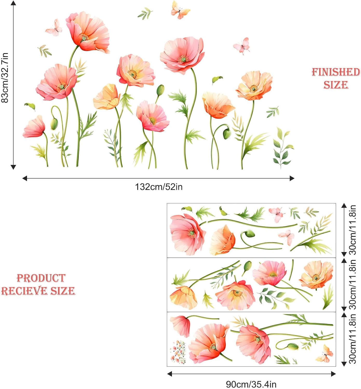 Large Floral Wall Decals Butterfly Wall Stickers Peel and Stick Autumn Floral / Poppy Flower / Pink