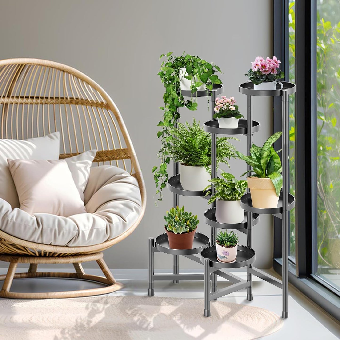 5 Tier Plant Stand Indoor Tall, Adjustable Black Plant Shelf for Multiple 8 Potted Flower Plants Holders, Corner Metal