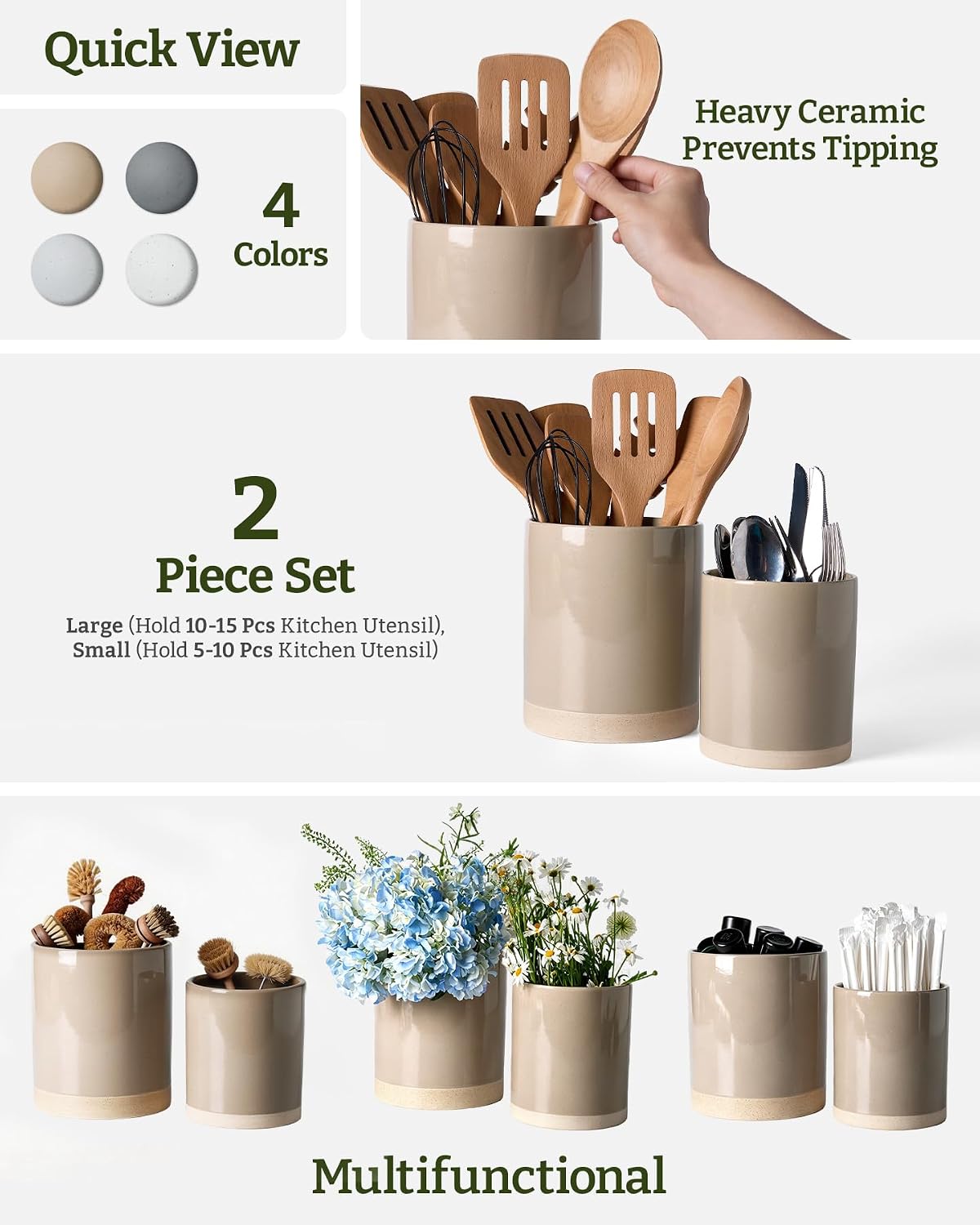 famiware Ceramic Utensil Holder, 7.2"+5.8", Set of 2, Cinnamon Brown | Cooking Utensil Crocks, Organizer for Spatula &