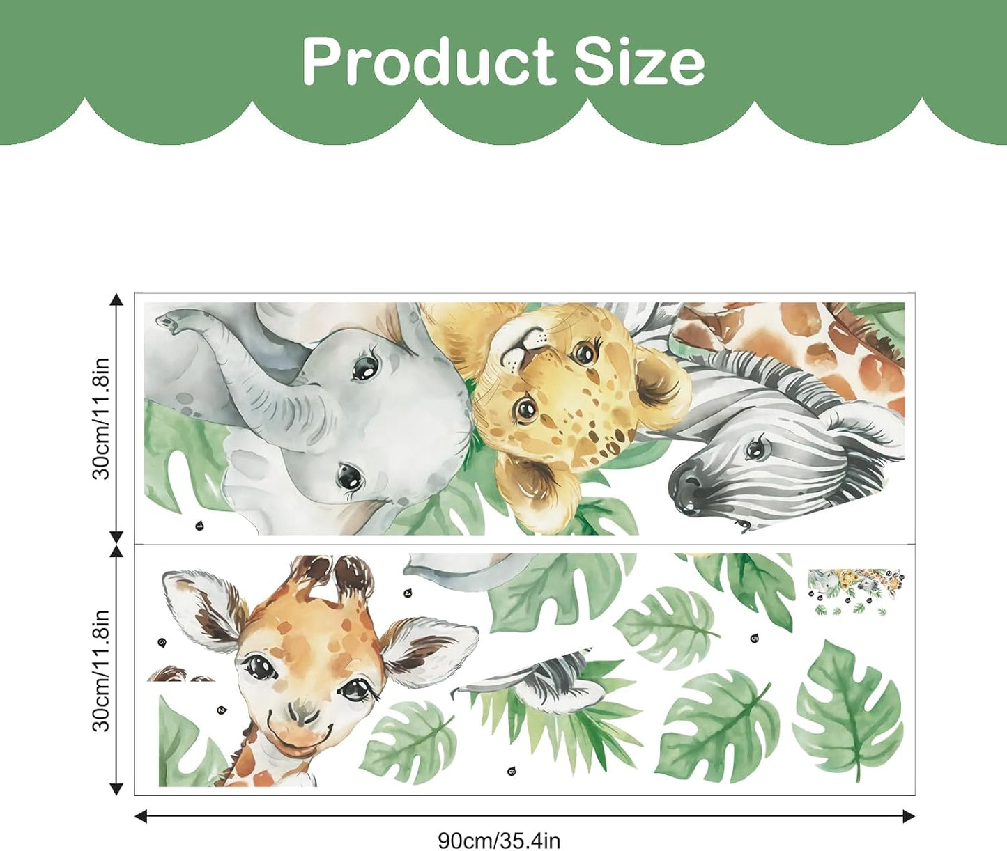 in Watercolor Jungle Animal Wall Stickers Forest Safari / Vertical-4 Animals Left / Green / 45 x 23